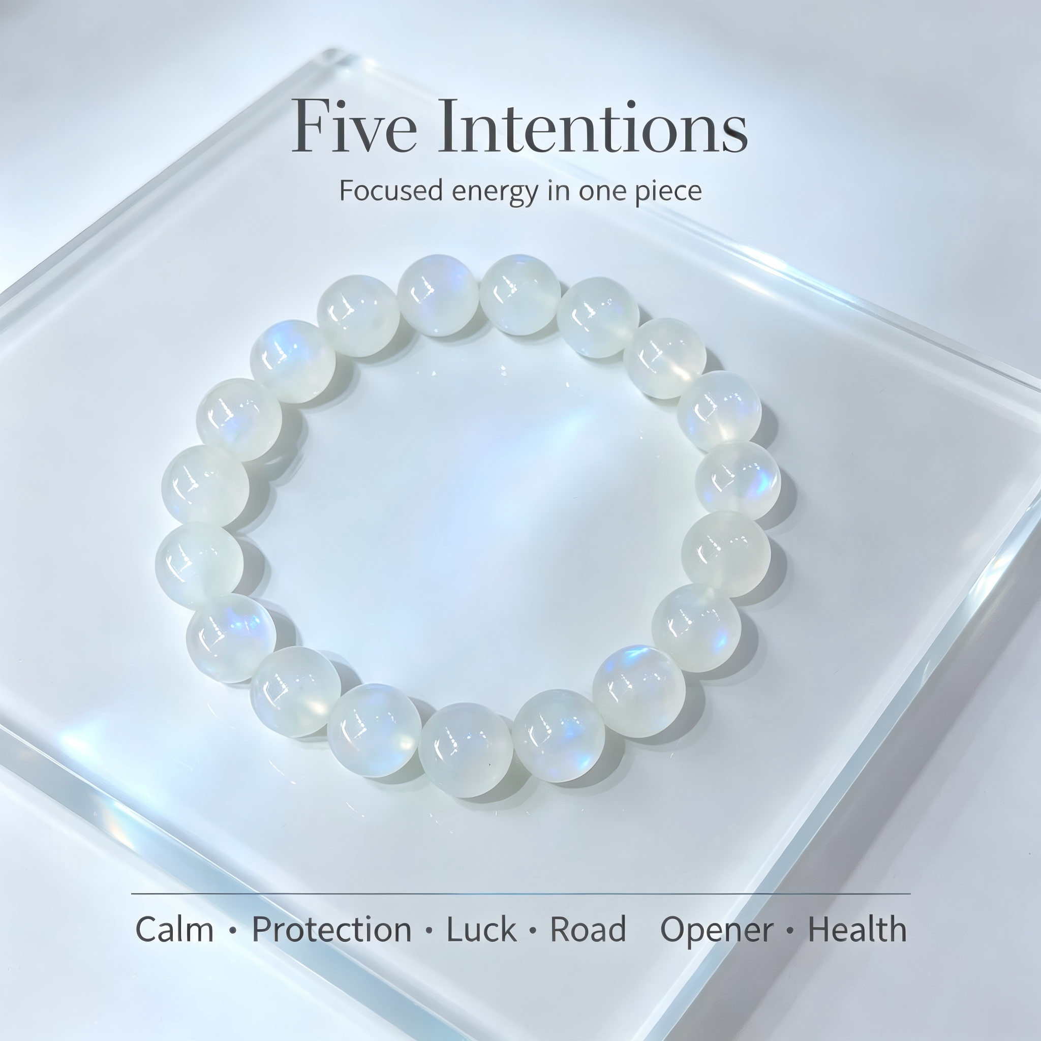 Natural Blue Moonstone Beaded Bracelet for Calm Protection Luck Road Opener Health