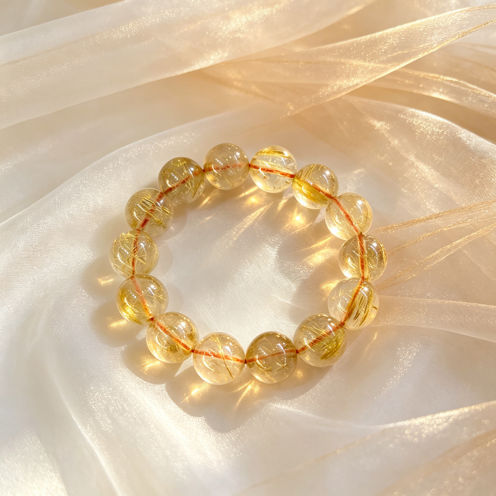 Natural Golden Rutilated Quartz Beaded Bracelet for Wealth Success Career Protection Luck