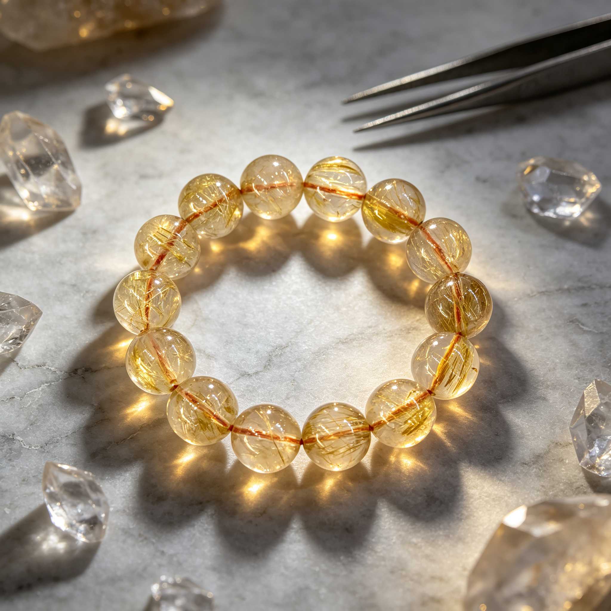 Natural Golden Rutilated Quartz Beaded Bracelet for Wealth Success Career Protection Luck