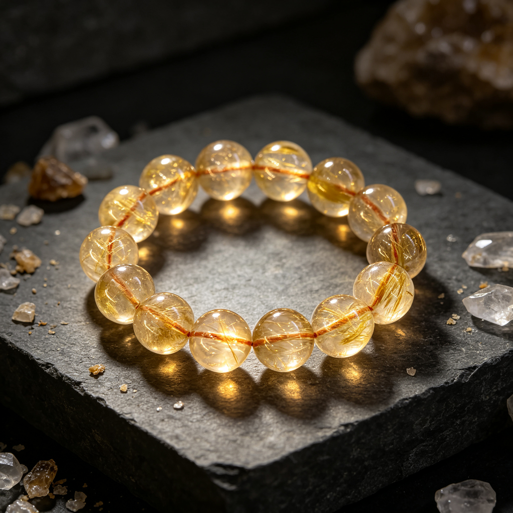 Natural Golden Rutilated Quartz Beaded Bracelet for Wealth Success Career Protection Luck
