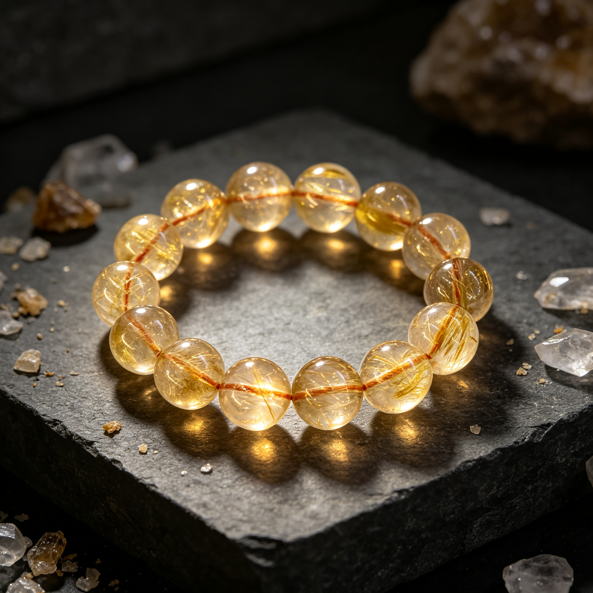 Natural Golden Rutilated Quartz Beaded Bracelet for Wealth Success Career Protection Luck