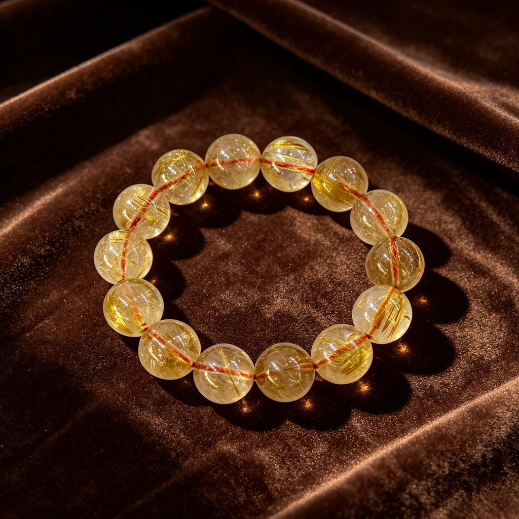 Natural Golden Rutilated Quartz Beaded Bracelet for Wealth Success Career Protection Luck