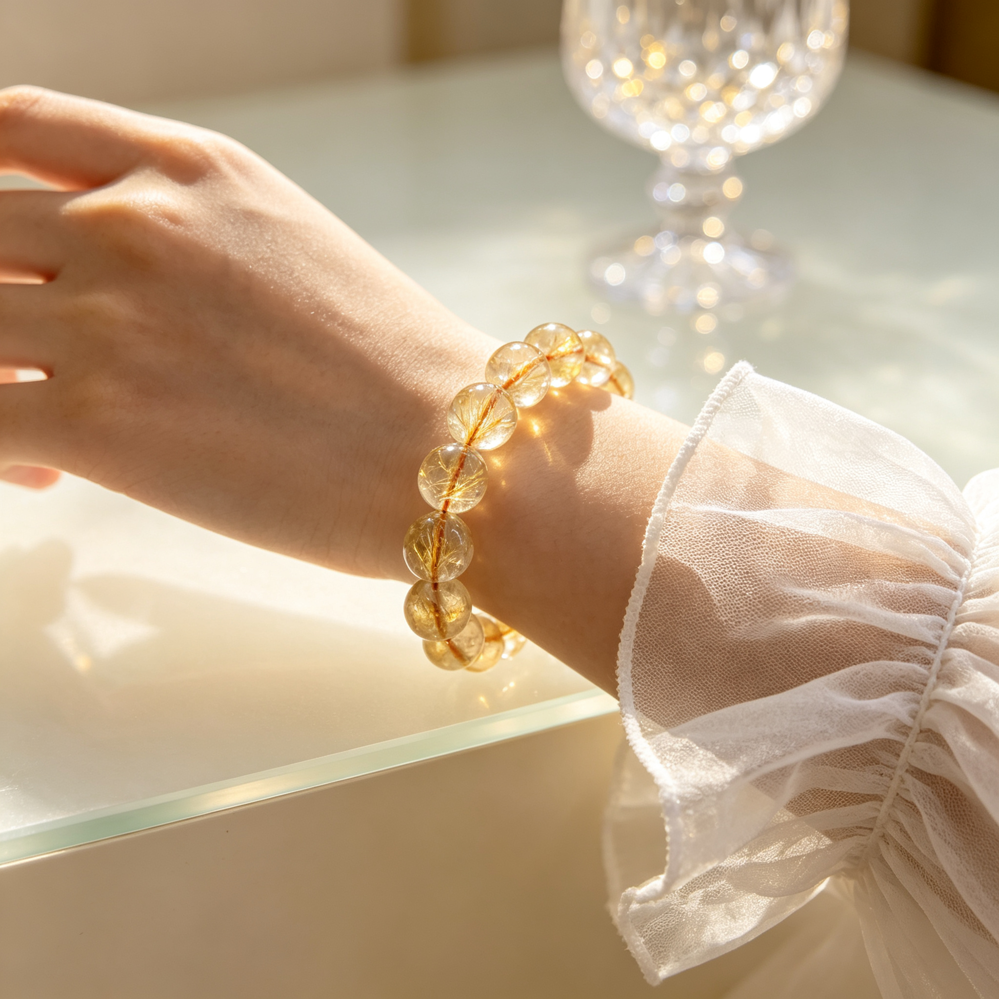 Natural Golden Rutilated Quartz Beaded Bracelet for Wealth Success Career Protection Luck