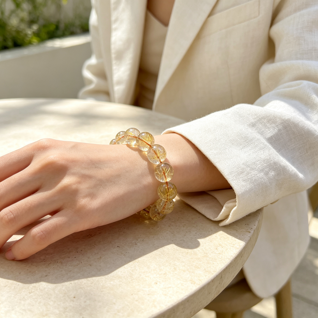 Natural Golden Rutilated Quartz Beaded Bracelet for Wealth Success Career Protection Luck