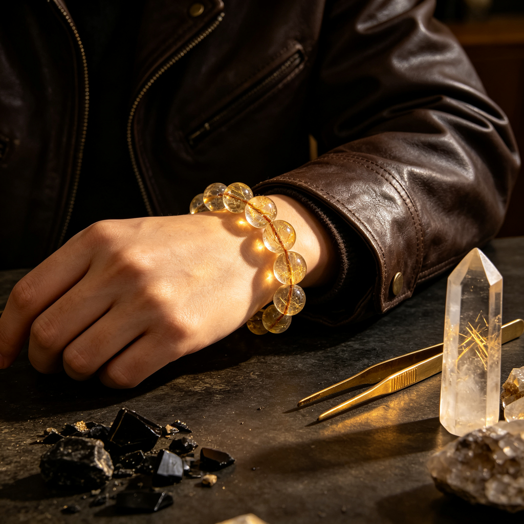 Natural Golden Rutilated Quartz Beaded Bracelet for Wealth Success Career Protection Luck