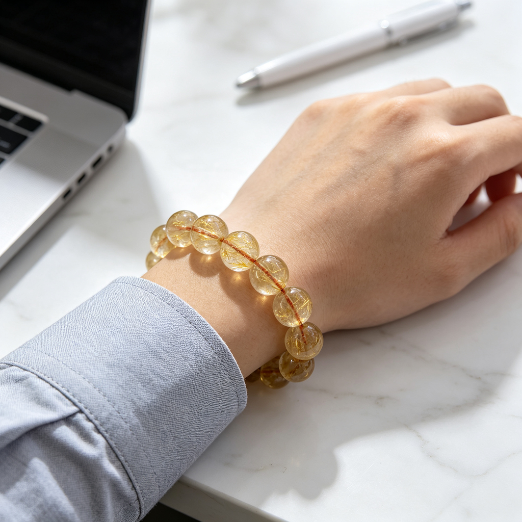 Natural Golden Rutilated Quartz Beaded Bracelet for Wealth Success Career Protection Luck