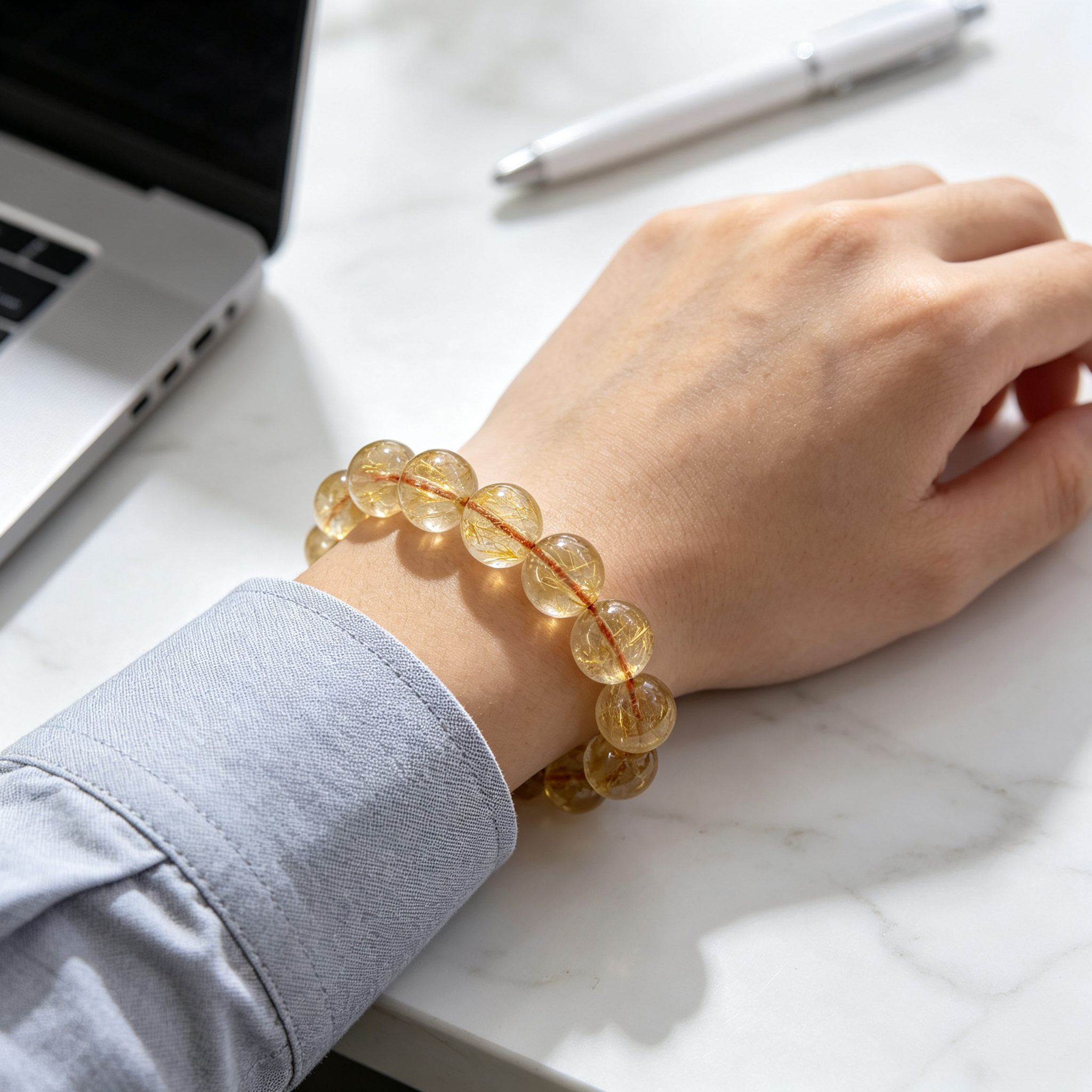 Natural Golden Rutilated Quartz Beaded Bracelet for Wealth Success Career Protection Luck