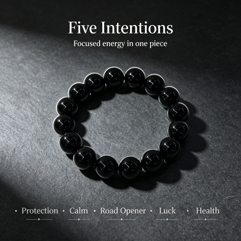 Natural Black Obsidian Beaded Bracelet for Protection Calm Road Opener Luck Health