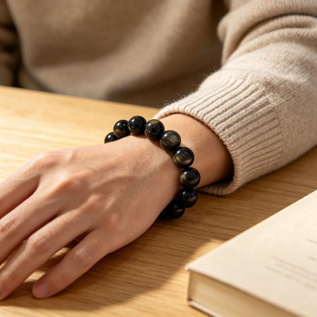 Natural Gold Obsidian Beaded Bracelet for Wealth Success Protection Luck Career