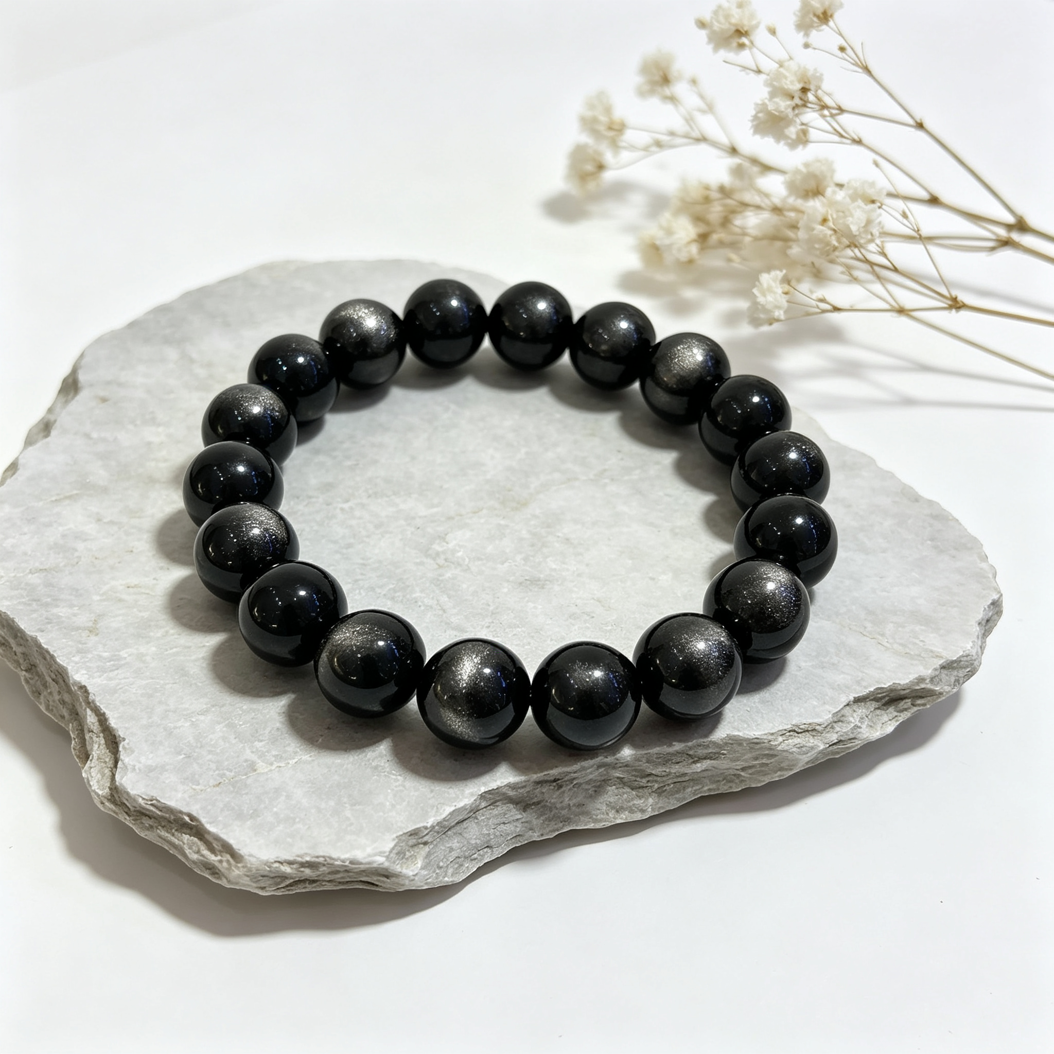 Natural Silver Sheen Obsidian Beaded Bracelet for Protection Calm Road Opener Luck Health