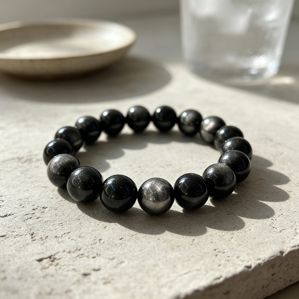 Natural Silver Sheen Obsidian Beaded Bracelet for Protection Calm Road Opener Luck Health