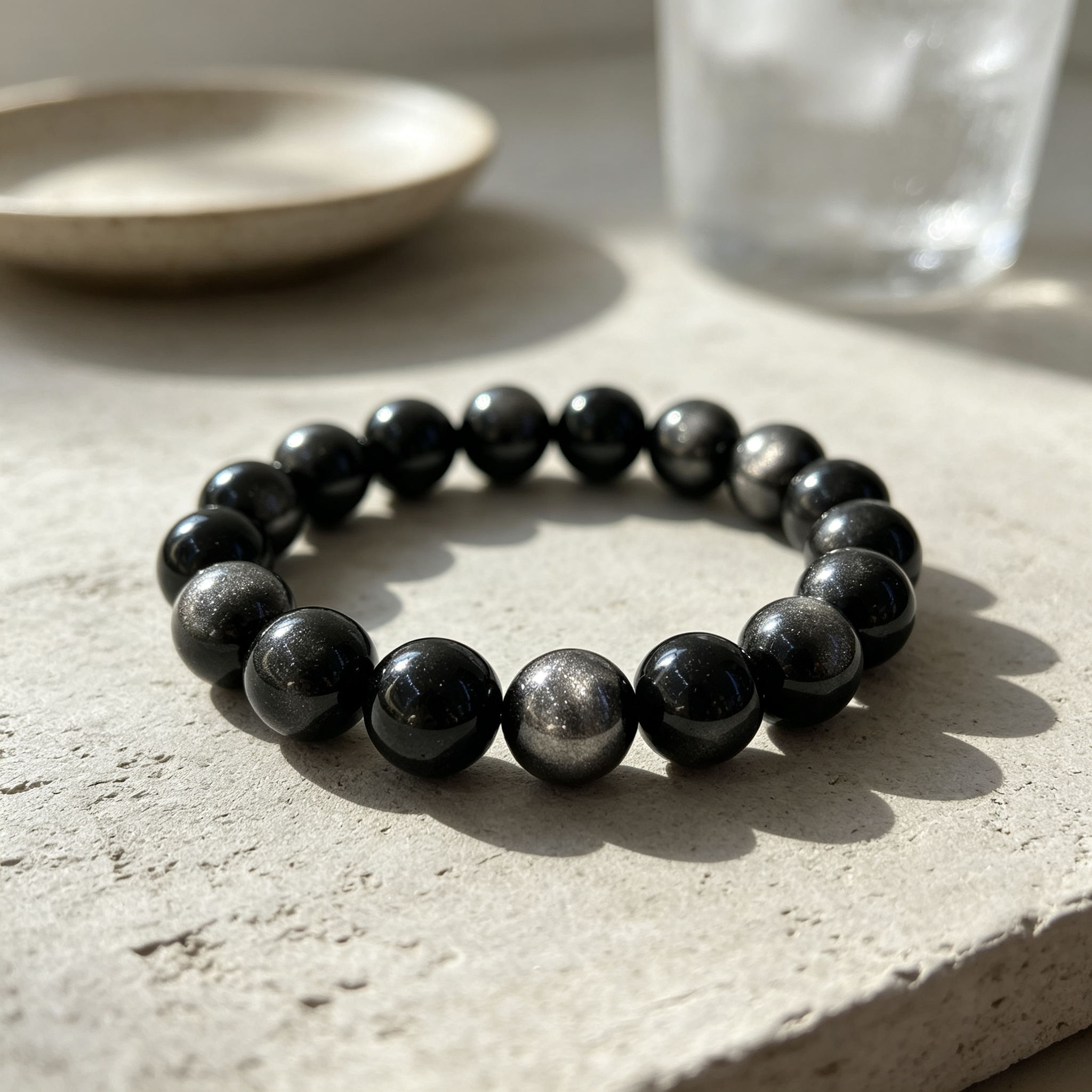 Natural Silver Sheen Obsidian Beaded Bracelet for Protection Calm Road Opener Luck Health