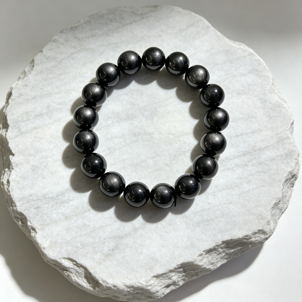 Natural Silver Sheen Obsidian Beaded Bracelet for Protection Calm Road Opener Luck Health