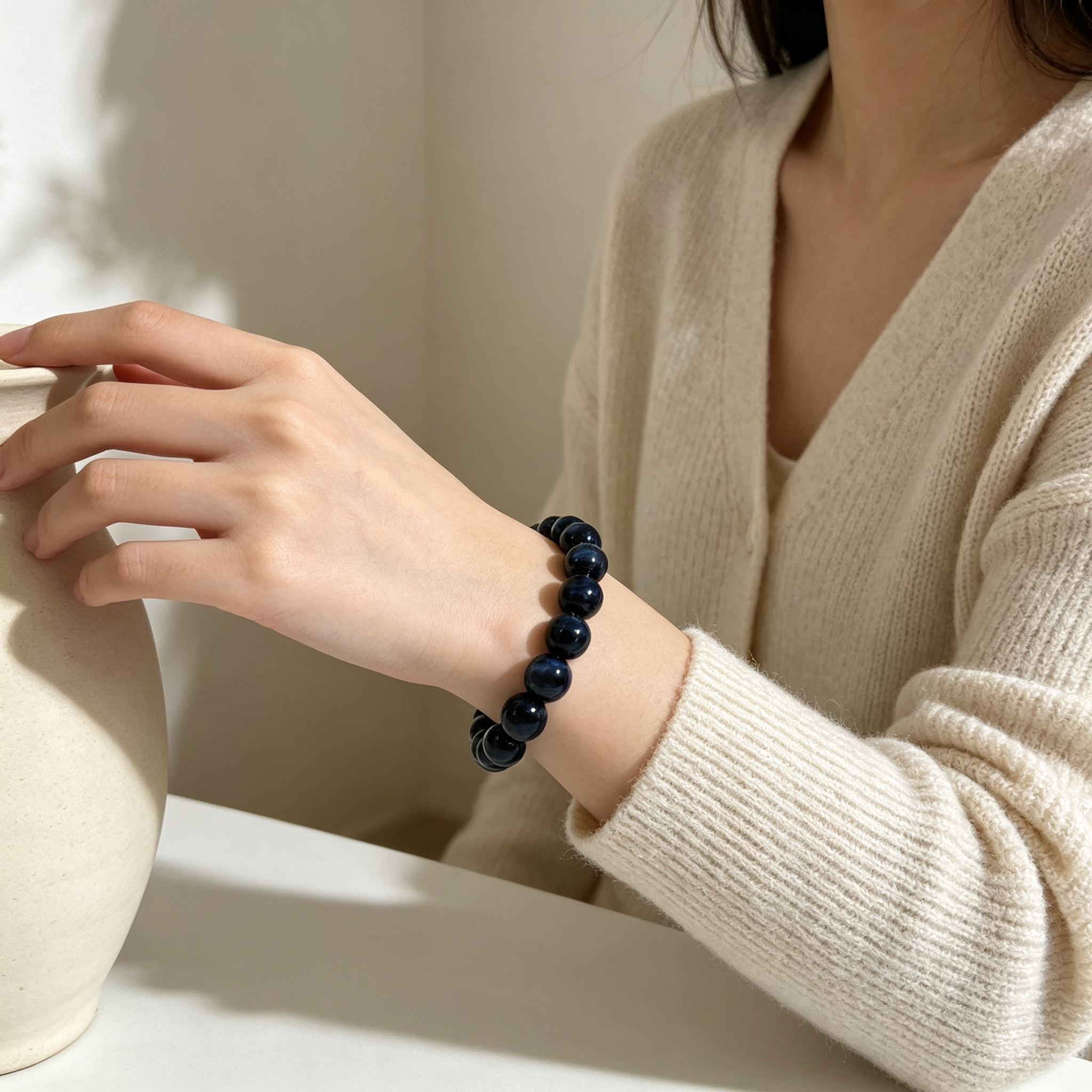 Blue Tiger’s Eye Beaded Bracelet For Protection Career Success Luck Road Opener
