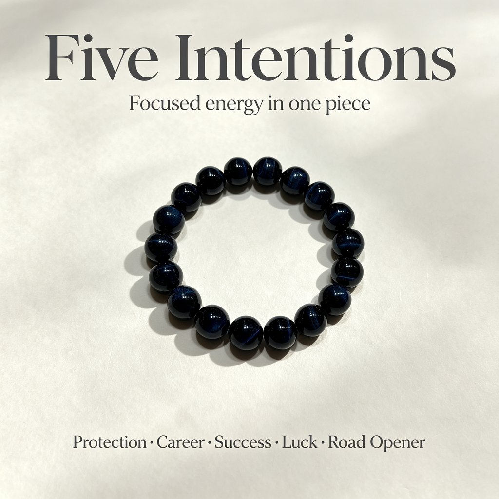 Blue Tiger’s Eye Beaded Bracelet For Protection Career Success Luck Road Opener