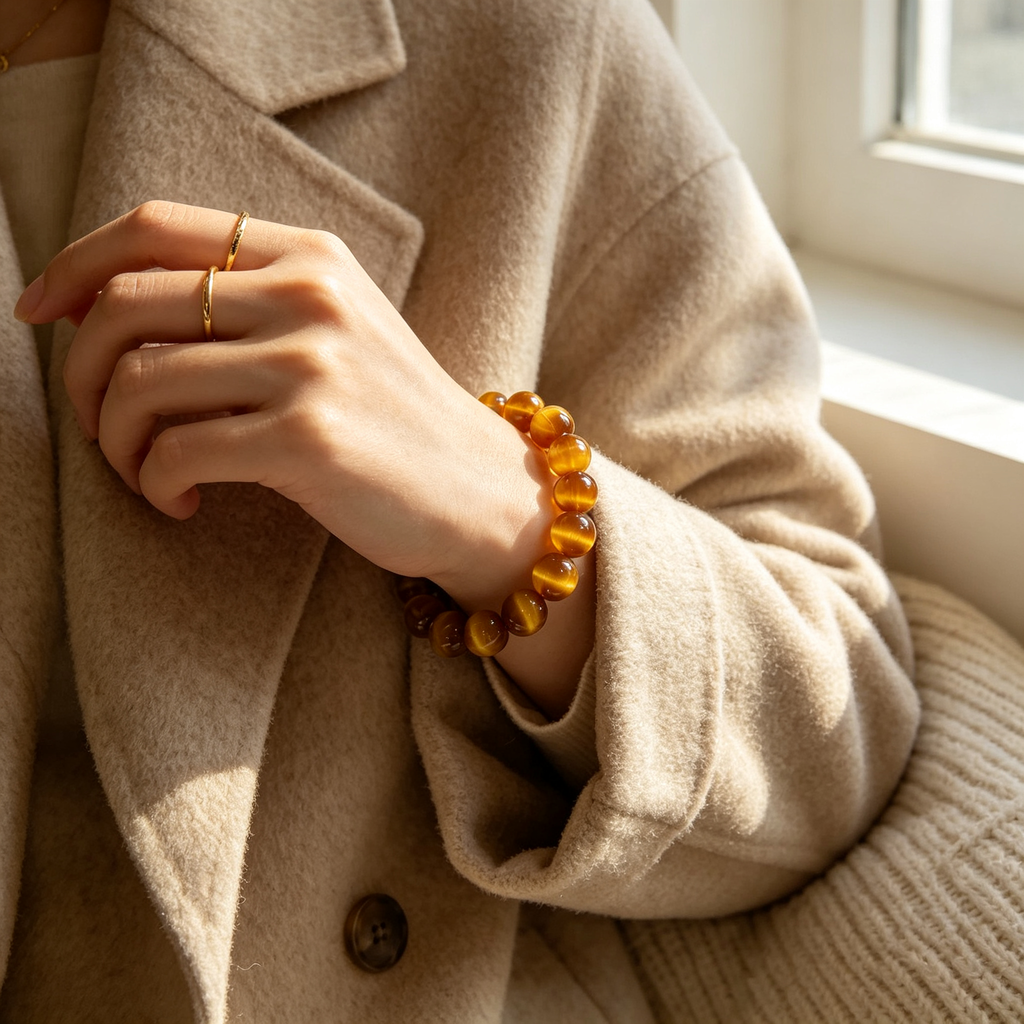 Natural Golden Tiger's Eye Beaded Bracelet for Wealth Career Success Protection Luck