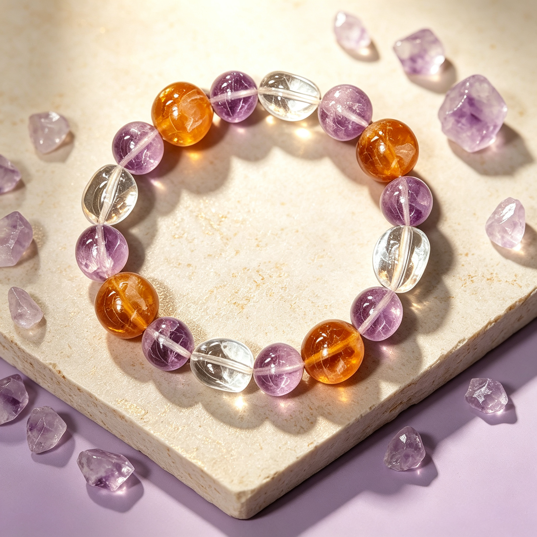 Lavender Amethyst Yellow Tourmalinated Quartz Clear Quartz Bracelet Natural Mixed Crystal Beaded Bracelet Calm Luck Wealth Success Protection