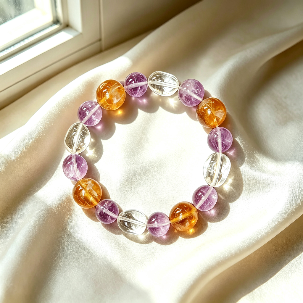 Lavender Amethyst Yellow Tourmalinated Quartz Clear Quartz Bracelet Natural Mixed Crystal Beaded Bracelet Calm Luck Wealth Success Protection