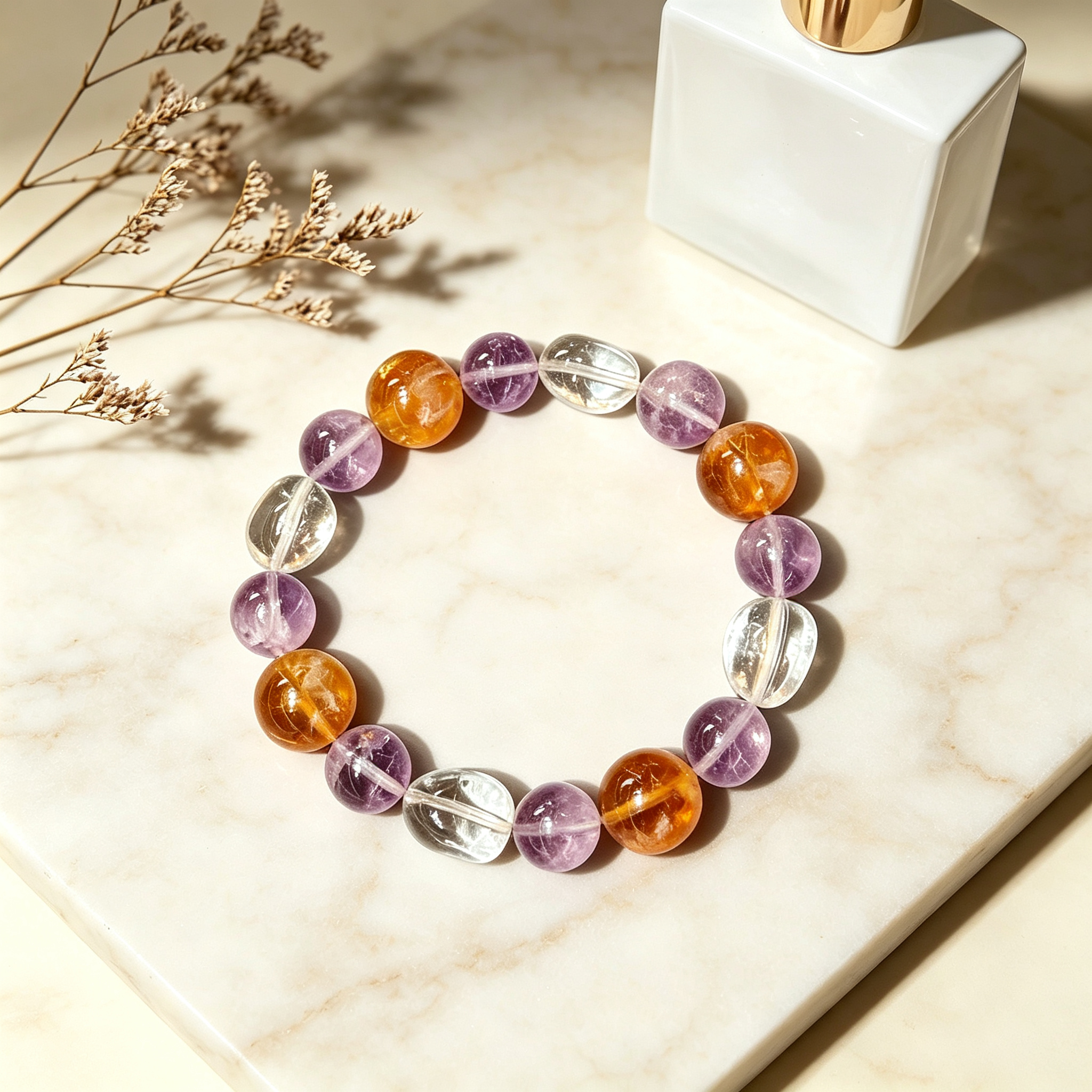 Lavender Amethyst Yellow Tourmalinated Quartz Clear Quartz Bracelet Natural Mixed Crystal Beaded Bracelet Calm Luck Wealth Success Protection