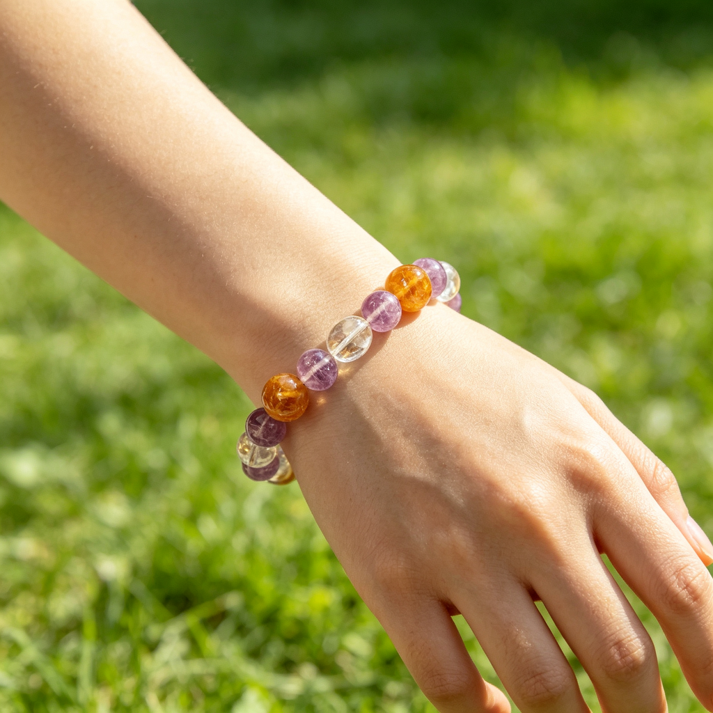 Lavender Amethyst Yellow Tourmalinated Quartz Clear Quartz Bracelet Natural Mixed Crystal Beaded Bracelet Calm Luck Wealth Success Protection