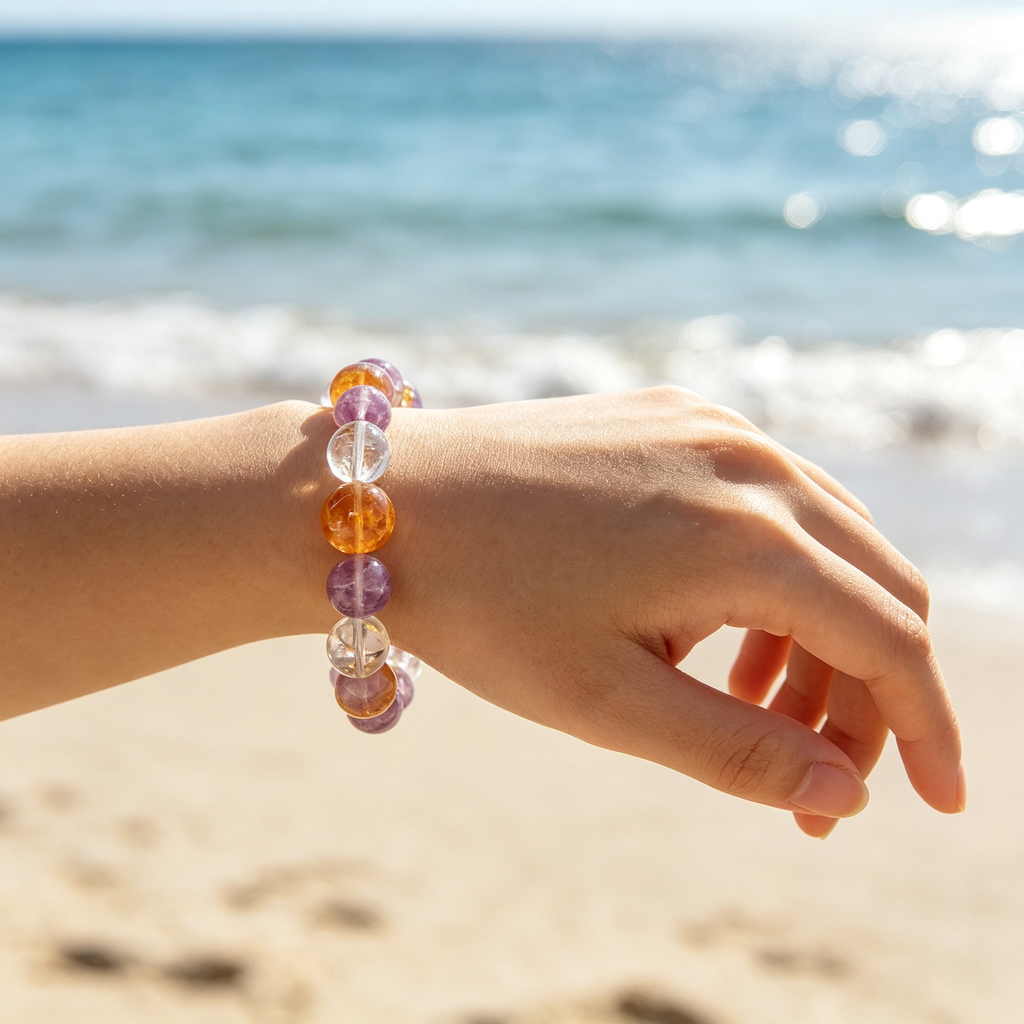 Lavender Amethyst Yellow Tourmalinated Quartz Clear Quartz Bracelet Natural Mixed Crystal Beaded Bracelet Calm Luck Wealth Success Protection