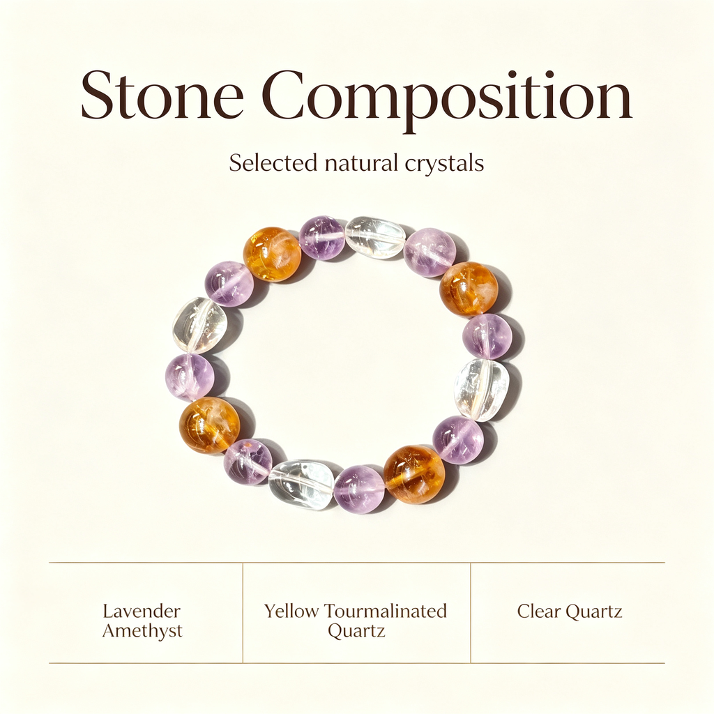 Lavender Amethyst Yellow Tourmalinated Quartz Clear Quartz Bracelet Natural Mixed Crystal Beaded Bracelet Calm Luck Wealth Success Protection