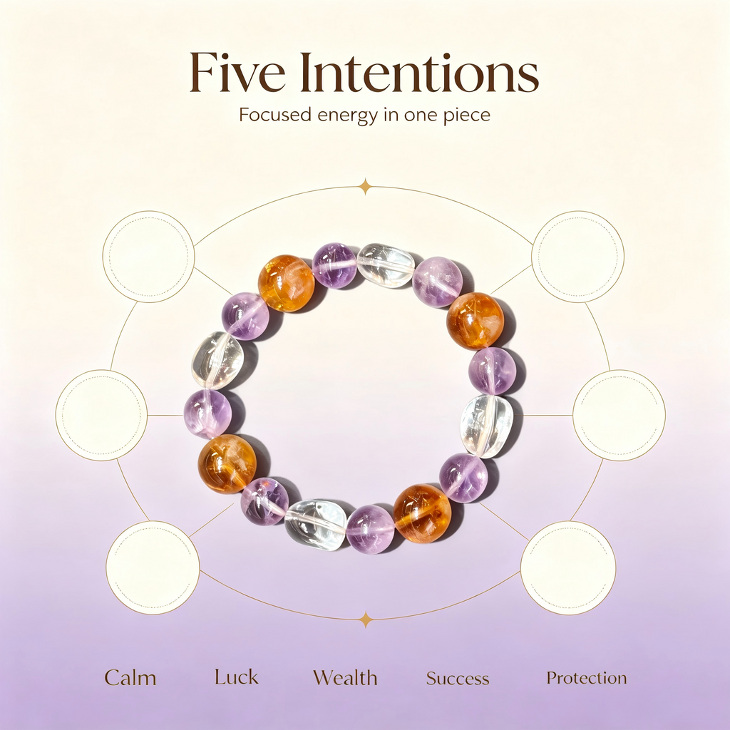 Lavender Amethyst Yellow Tourmalinated Quartz Clear Quartz Bracelet Natural Mixed Crystal Beaded Bracelet Calm Luck Wealth Success Protection