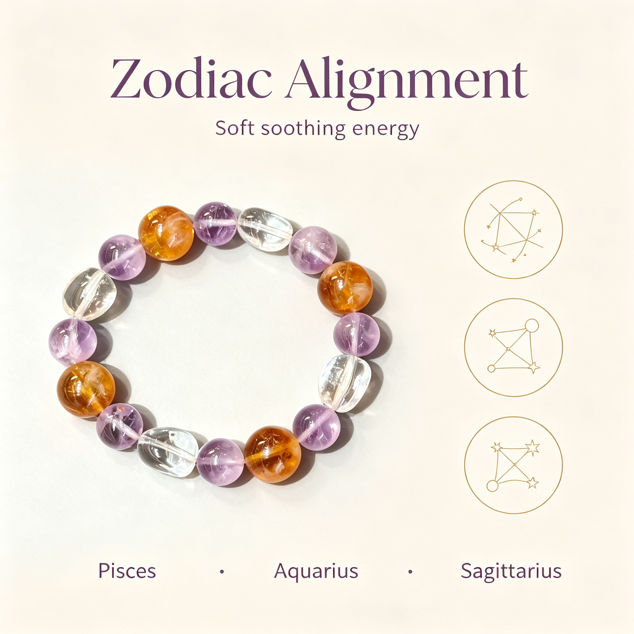 Lavender Amethyst Yellow Tourmalinated Quartz Clear Quartz Bracelet Natural Mixed Crystal Beaded Bracelet Calm Luck Wealth Success Protection
