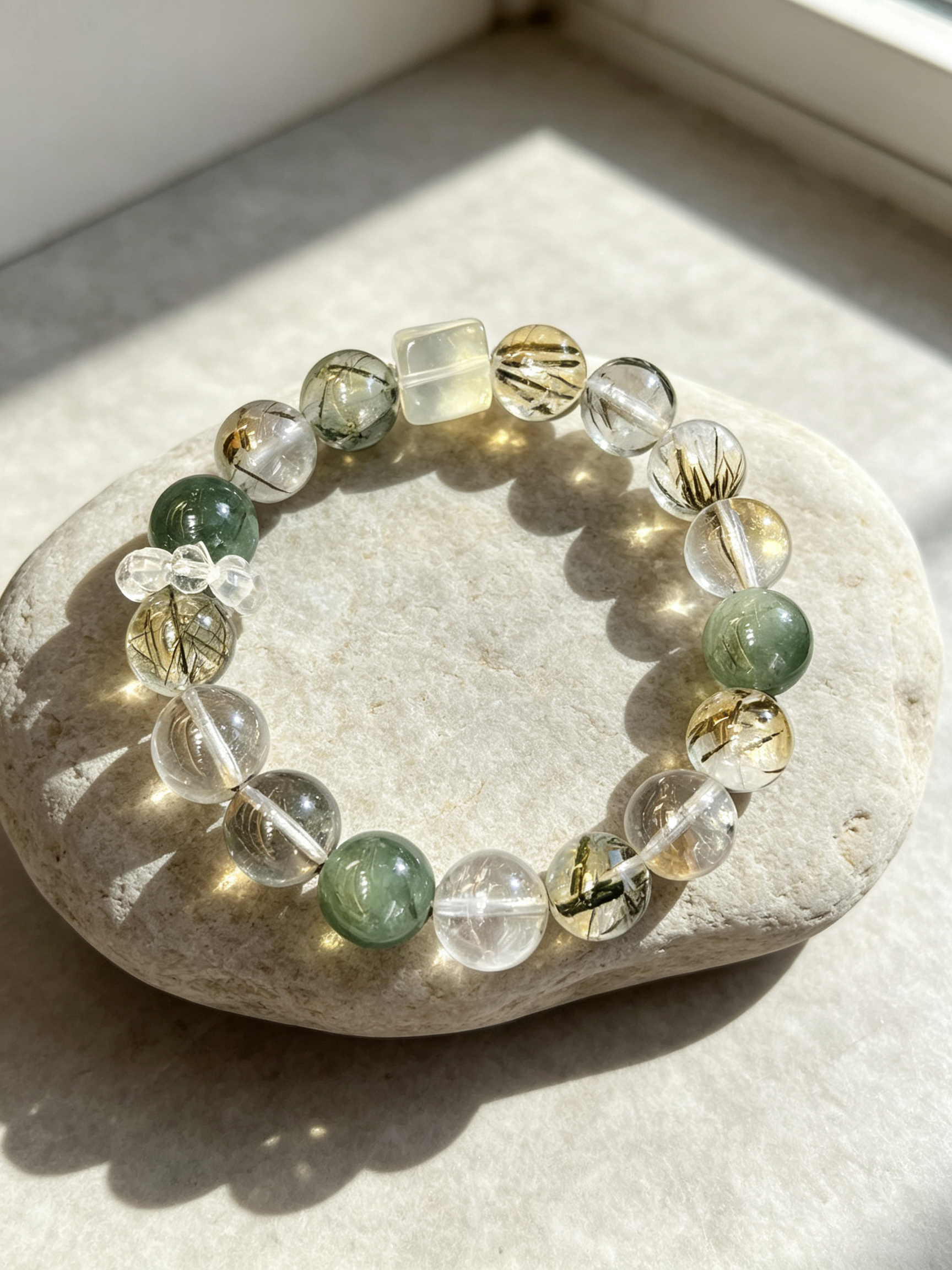 Green Rutilated Quartz Green Phantom Quartz Citrine Bracelet Natural Crystal Beaded Bracelet For Wealth Success Protection Good Luck