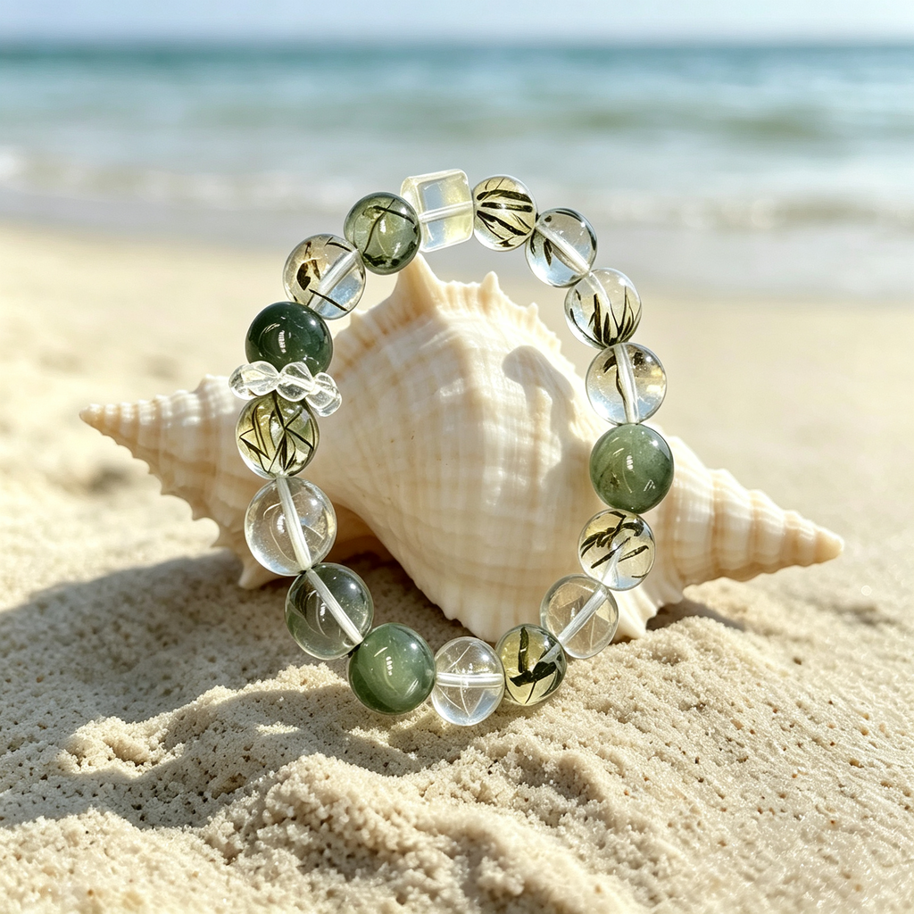 Green Rutilated Quartz Green Phantom Quartz Citrine Bracelet Natural Crystal Beaded Bracelet For Wealth Success Protection Good Luck