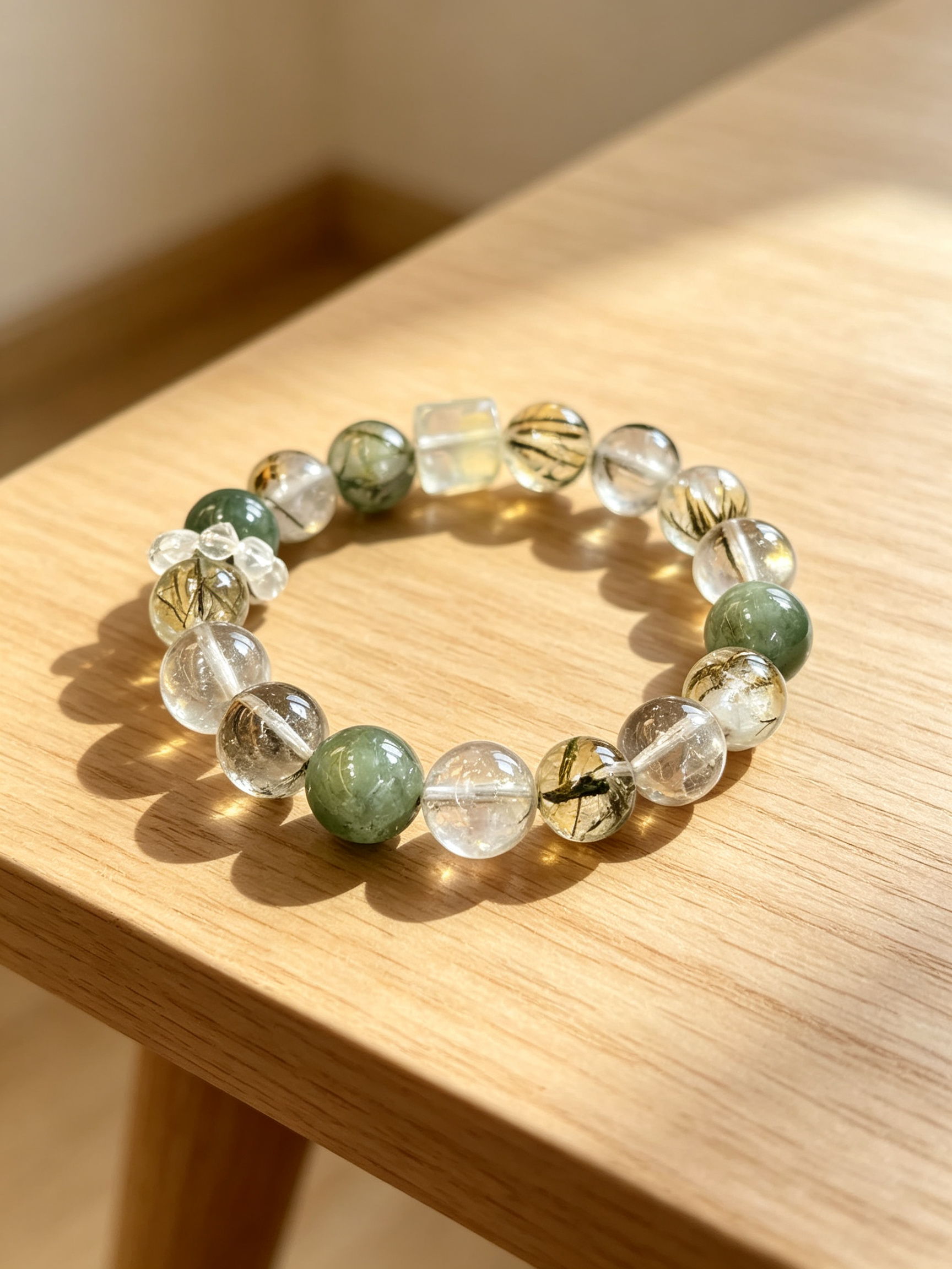Green Rutilated Quartz Green Phantom Quartz Citrine Bracelet Natural Crystal Beaded Bracelet For Wealth Success Protection Good Luck