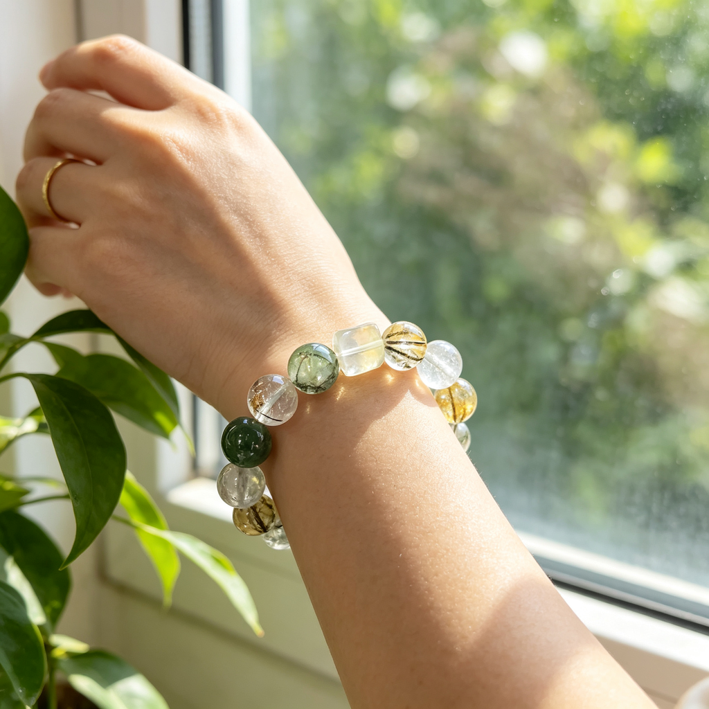 Green Rutilated Quartz Green Phantom Quartz Citrine Bracelet Natural Crystal Beaded Bracelet For Wealth Success Protection Good Luck