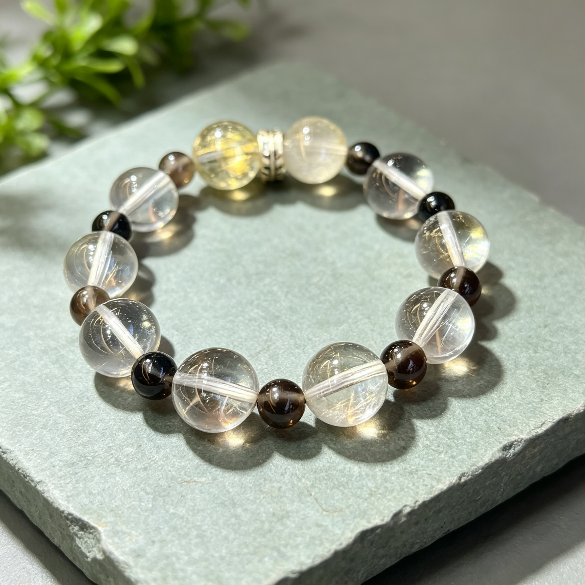 Golden Rutilated Quartz Clear Quartz Smoky Quartz Bracelet Natural Crystal Beaded Bracelet For Success Wealth Protection Calm Luck