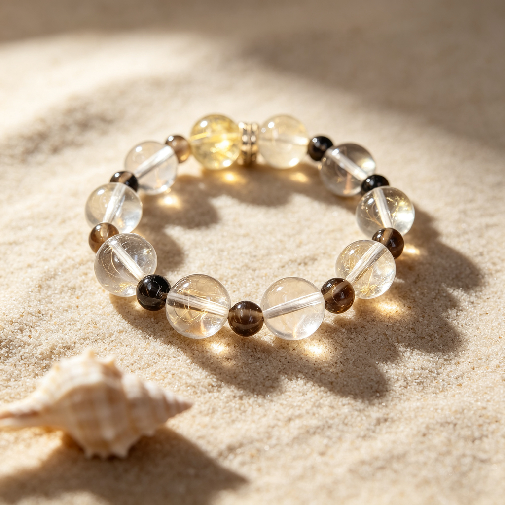 Golden Rutilated Quartz Clear Quartz Smoky Quartz Bracelet Natural Crystal Beaded Bracelet For Success Wealth Protection Calm Luck
