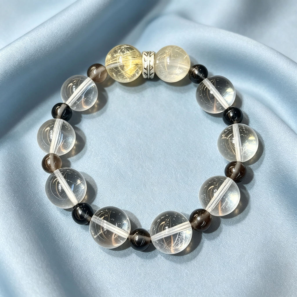 Golden Rutilated Quartz Clear Quartz Smoky Quartz Bracelet Natural Crystal Beaded Bracelet For Success Wealth Protection Calm Luck