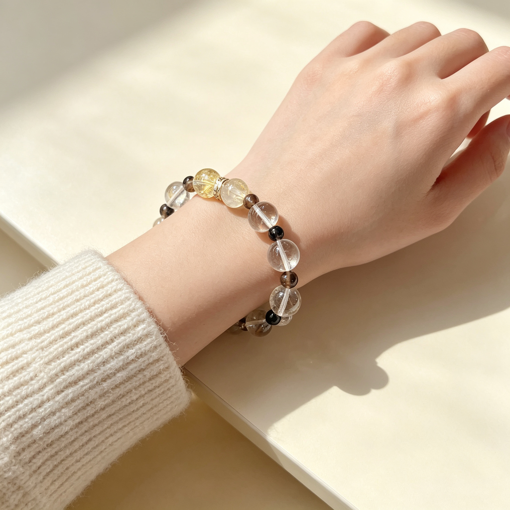 Golden Rutilated Quartz Clear Quartz Smoky Quartz Bracelet Natural Crystal Beaded Bracelet For Success Wealth Protection Calm Luck