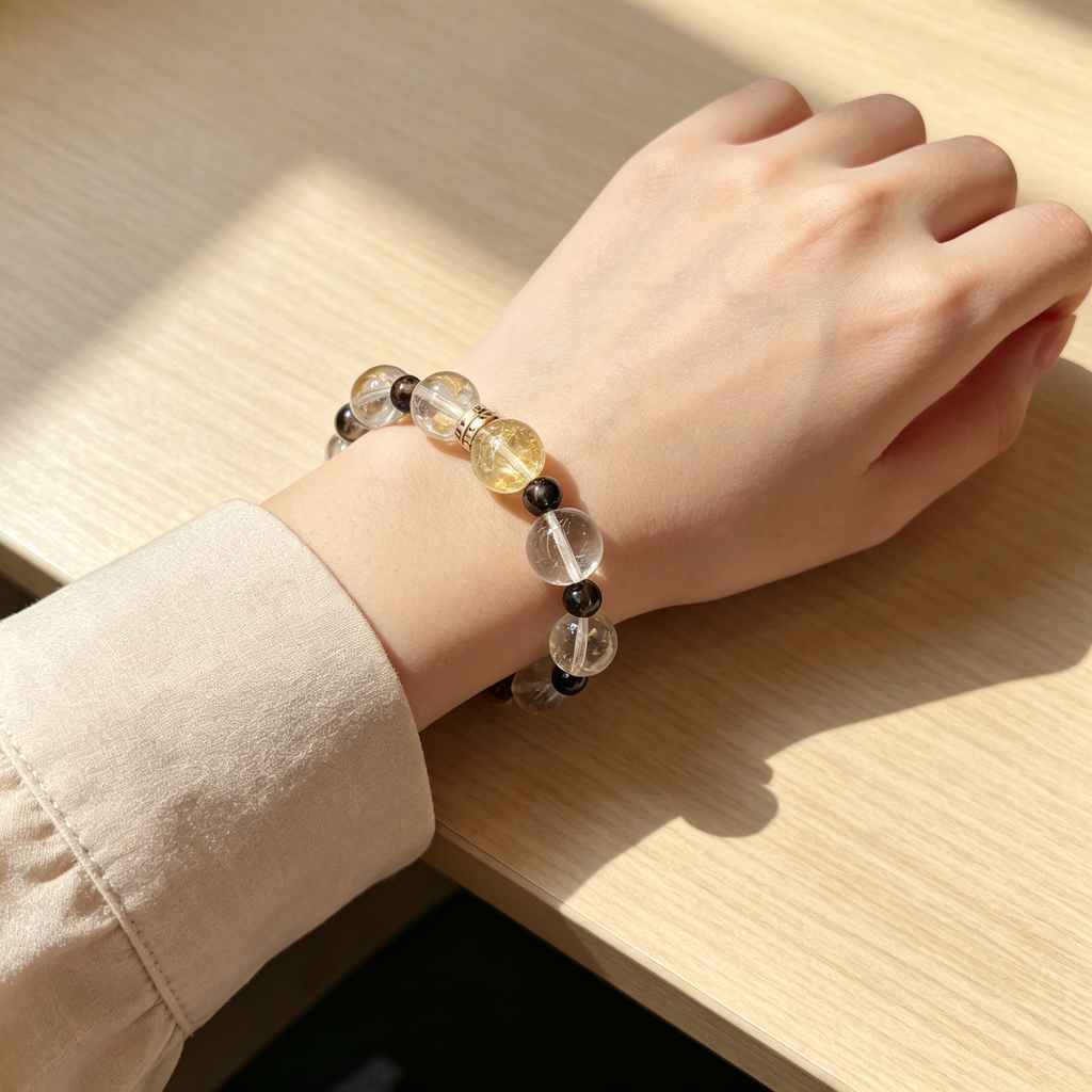 Golden Rutilated Quartz Clear Quartz Smoky Quartz Bracelet Natural Crystal Beaded Bracelet For Success Wealth Protection Calm Luck