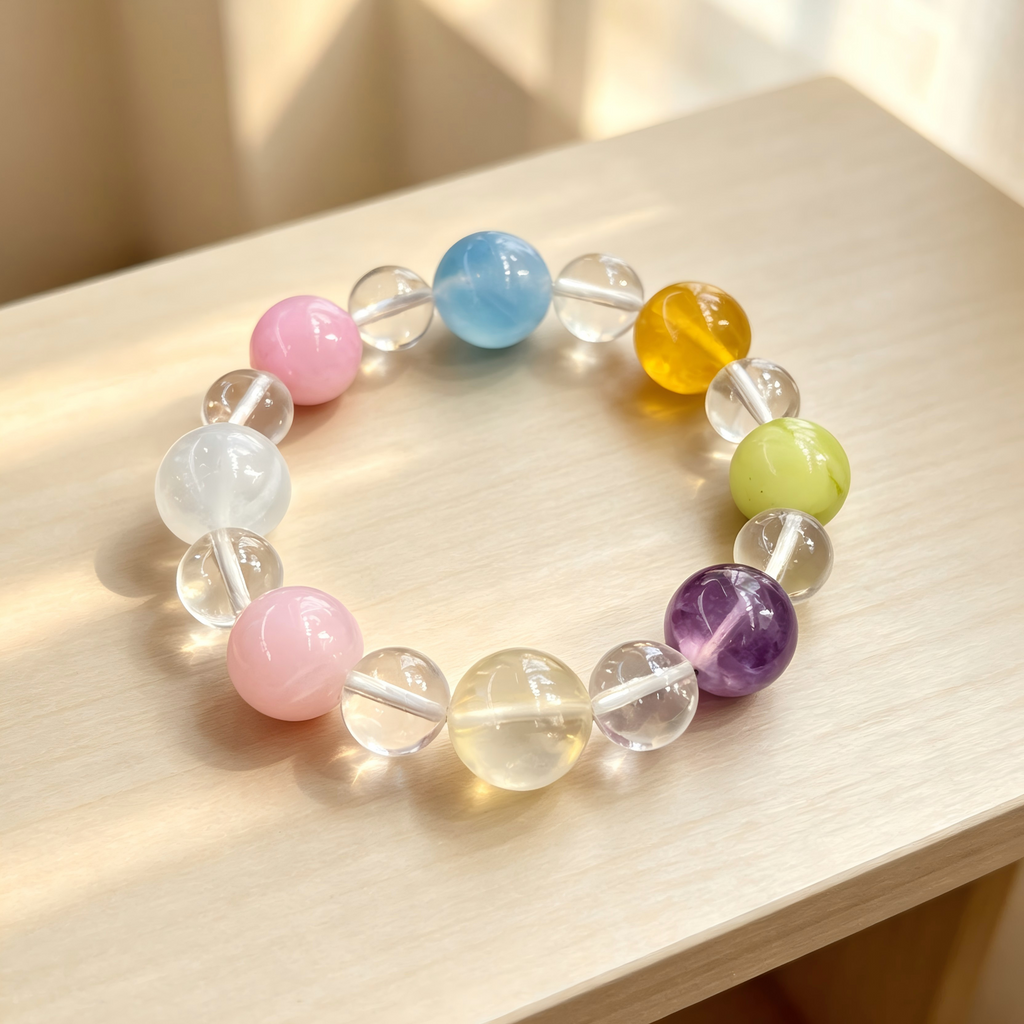 Clear Quartz Kunzite Aquamarine Bracelet Natural Mixed Gemstone Beaded Bracelet For Calm Luck Relationships Health Protection