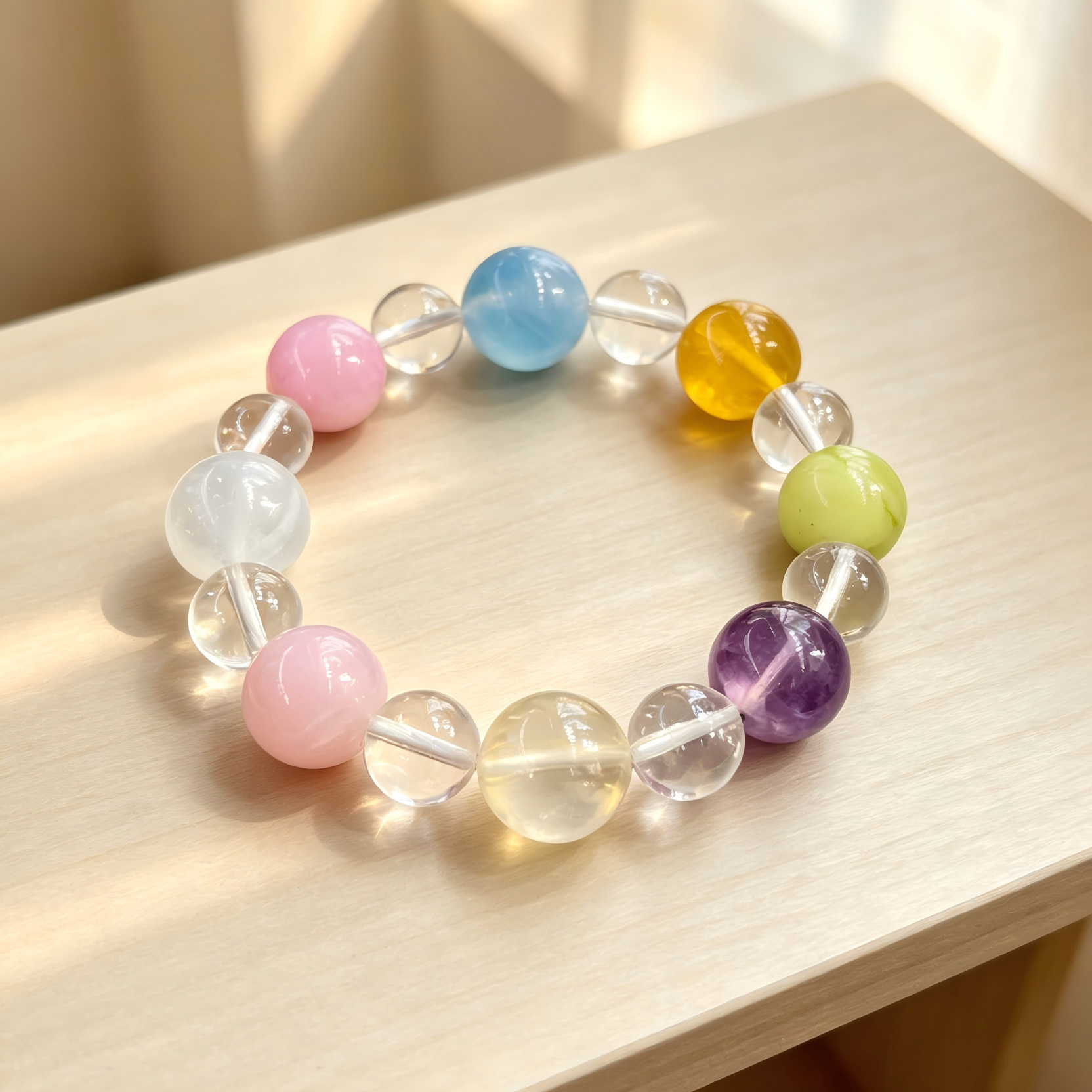 Clear Quartz Kunzite Aquamarine Bracelet Natural Mixed Gemstone Beaded Bracelet For Calm Luck Relationships Health Protection