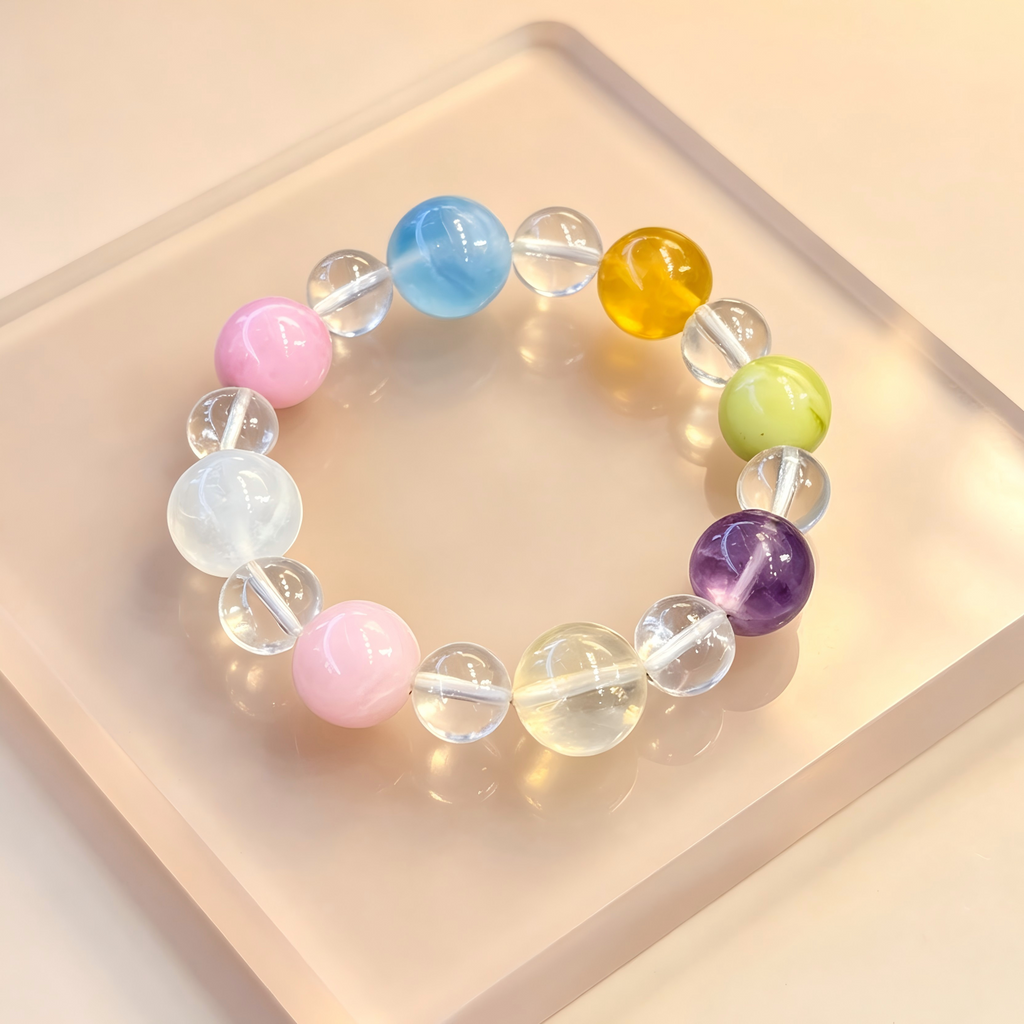 Clear Quartz Kunzite Aquamarine Bracelet Natural Mixed Gemstone Beaded Bracelet For Calm Luck Relationships Health Protection