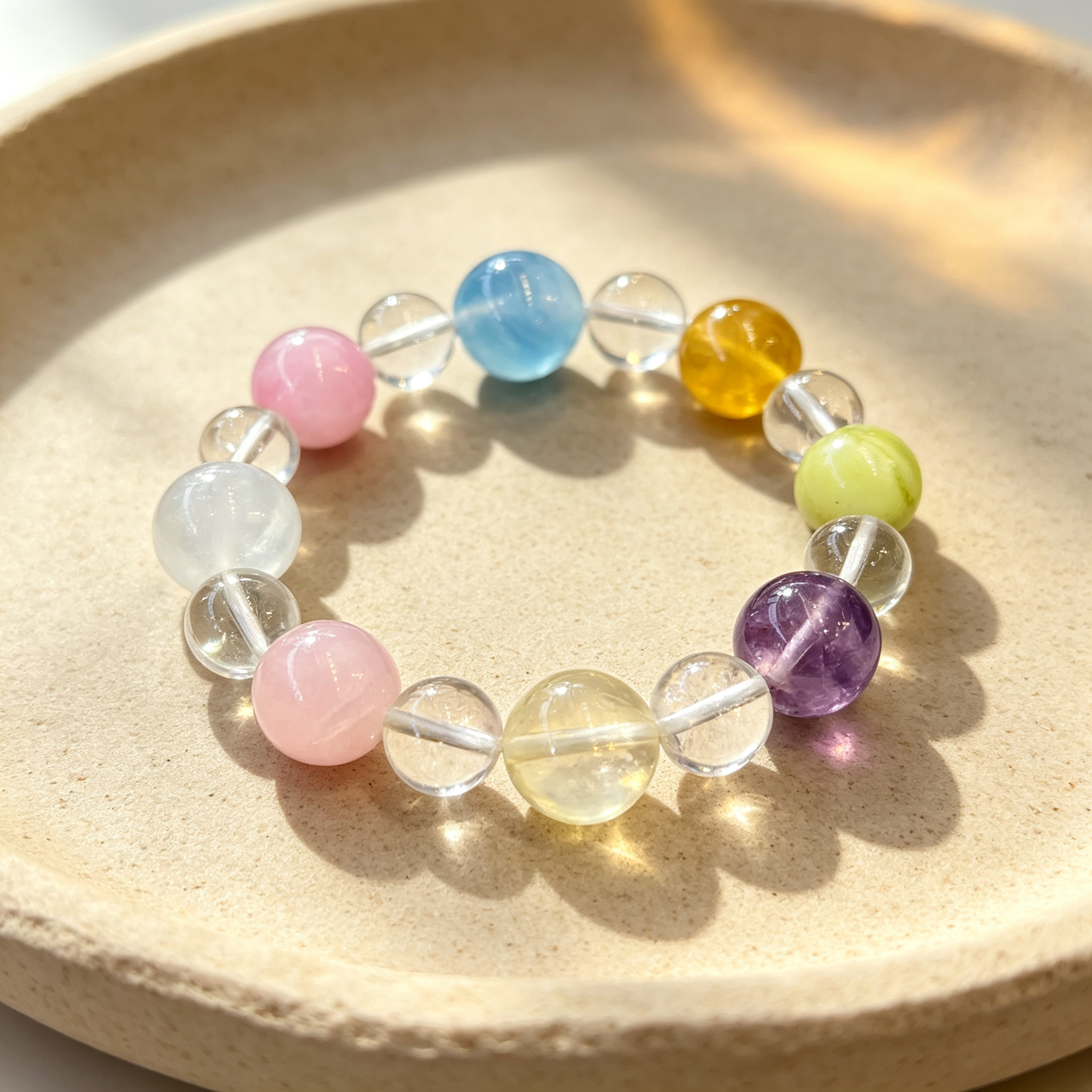 Clear Quartz Kunzite Aquamarine Bracelet Natural Mixed Gemstone Beaded Bracelet For Calm Luck Relationships Health Protection