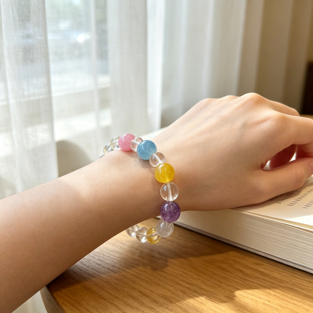 Clear Quartz Kunzite Aquamarine Bracelet Natural Mixed Gemstone Beaded Bracelet For Calm Luck Relationships Health Protection