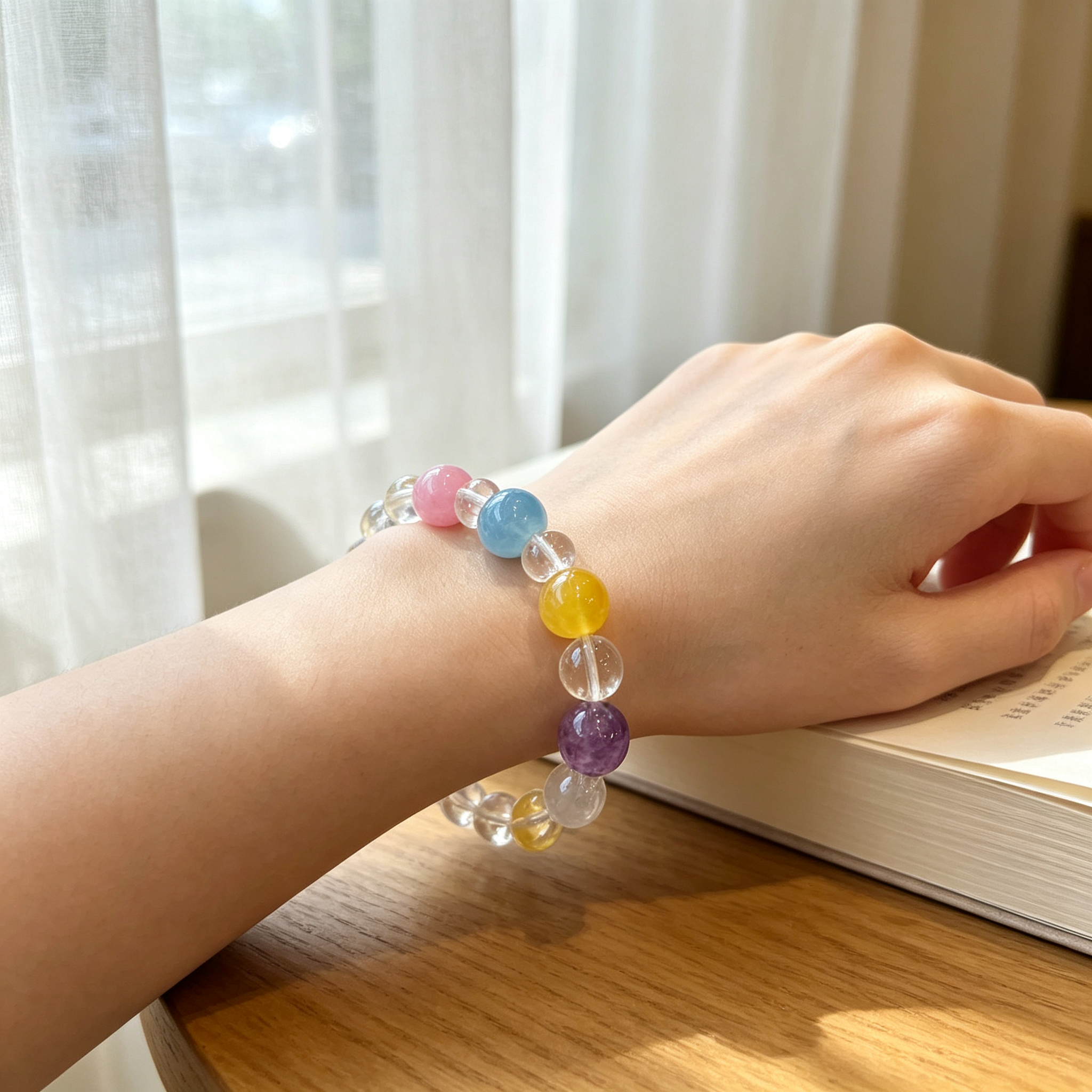 Clear Quartz Kunzite Aquamarine Bracelet Natural Mixed Gemstone Beaded Bracelet For Calm Luck Relationships Health Protection