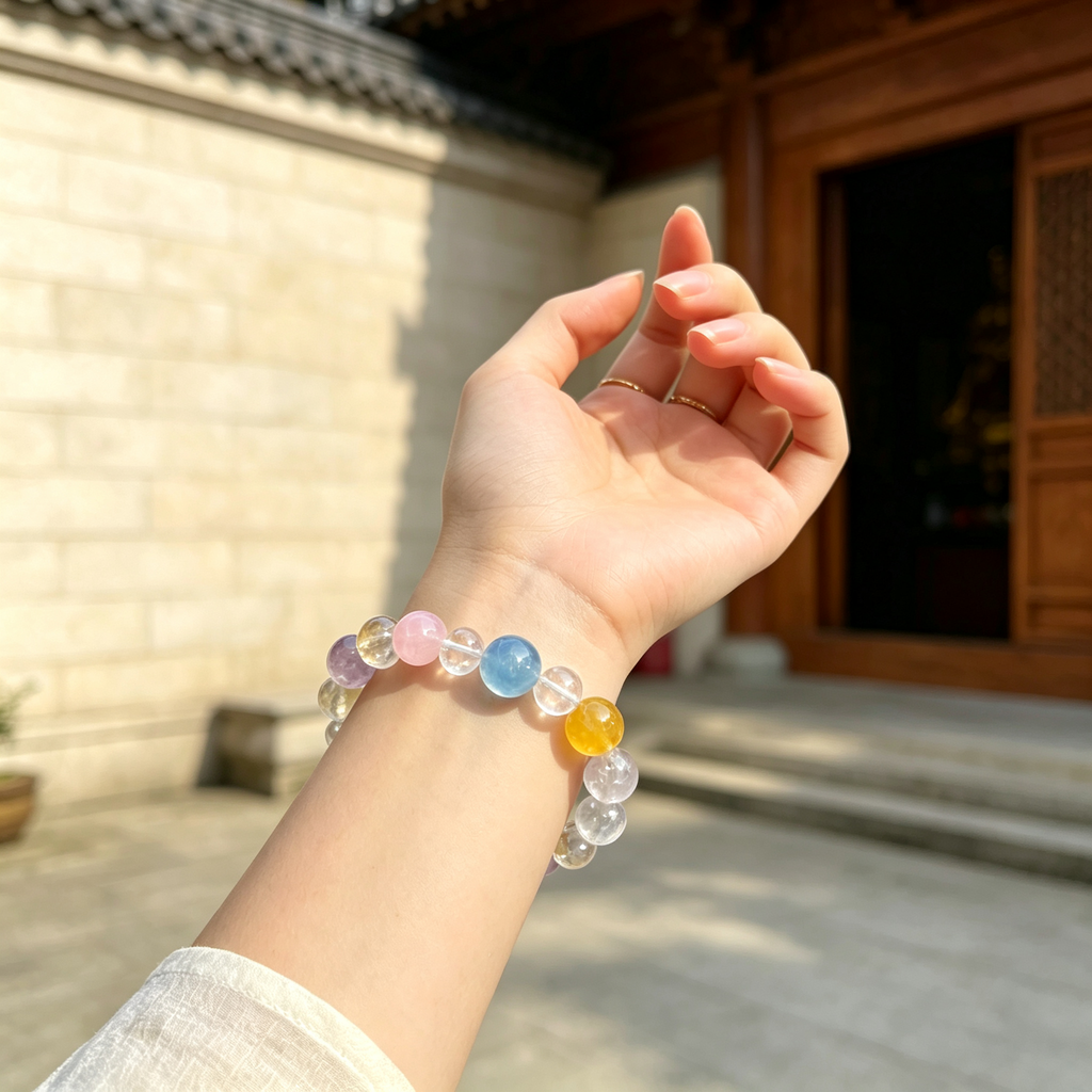 Clear Quartz Kunzite Aquamarine Bracelet Natural Mixed Gemstone Beaded Bracelet For Calm Luck Relationships Health Protection
