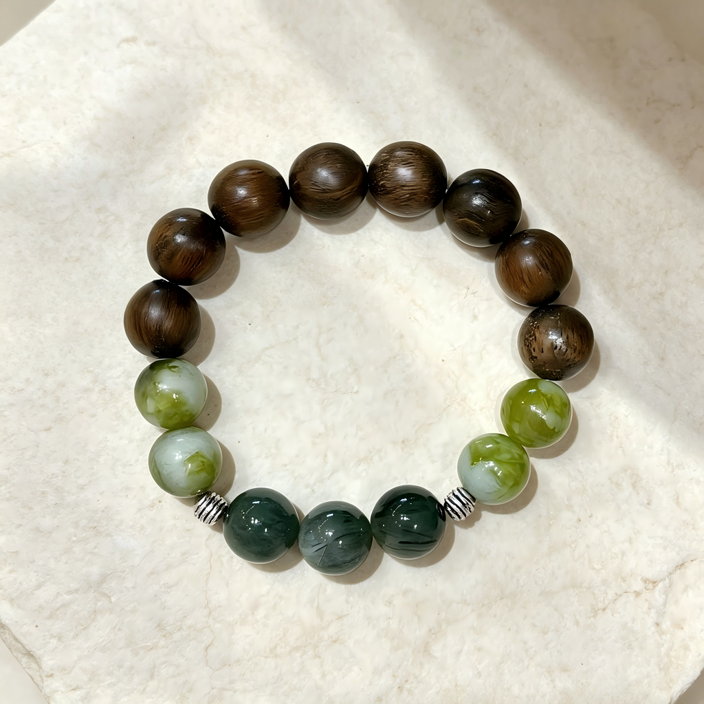 Green Sandalwood Serpentine Jade Green Rutilated Quartz Bracelet Natural Gemstone Beaded Bracelet For Protection Calm Wealth Career Luck Unisex Crystal Jewelry Gift