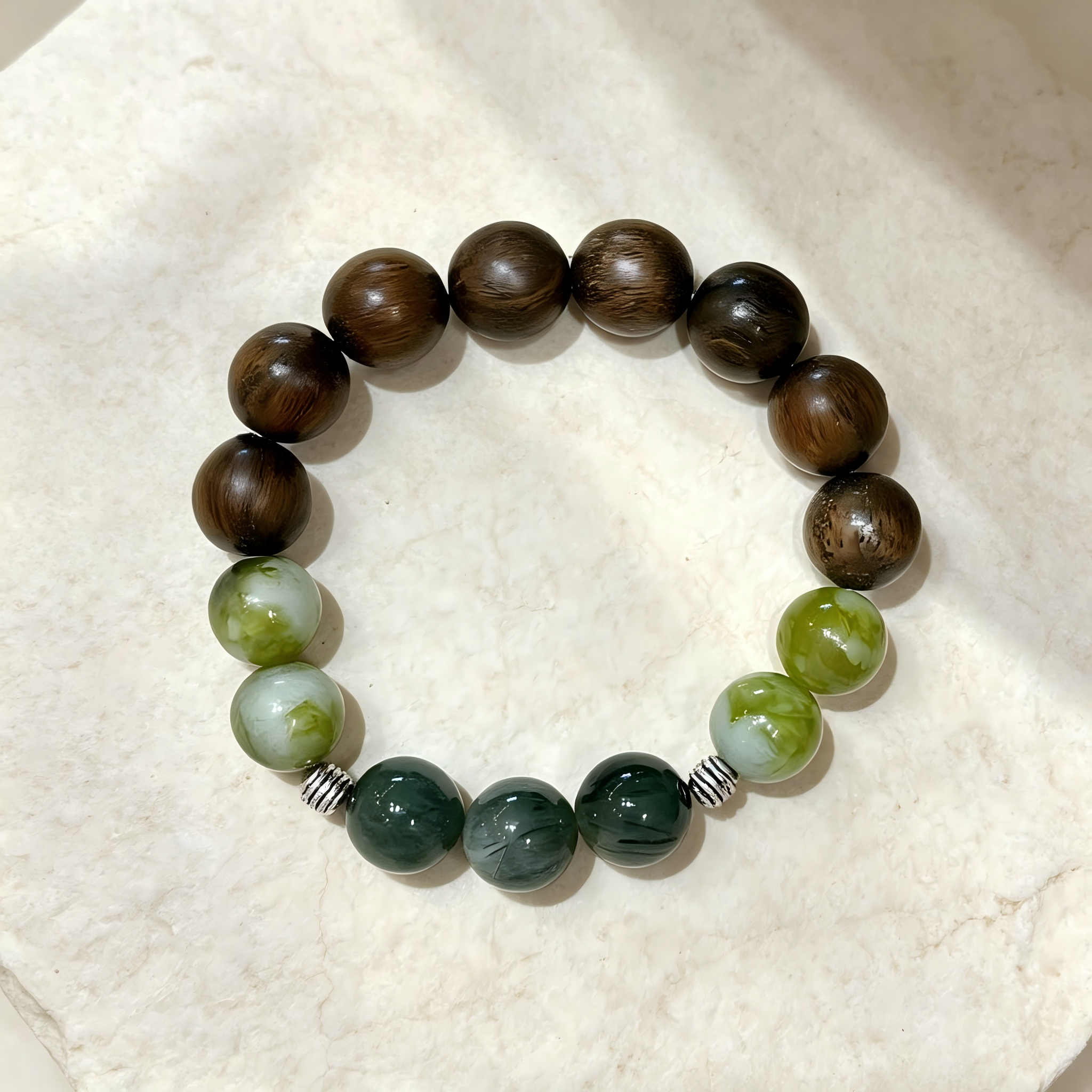 Green Sandalwood Serpentine Jade Green Rutilated Quartz Bracelet Natural Gemstone Beaded Bracelet For Protection Calm Wealth Career Luck Unisex Crystal Jewelry Gift