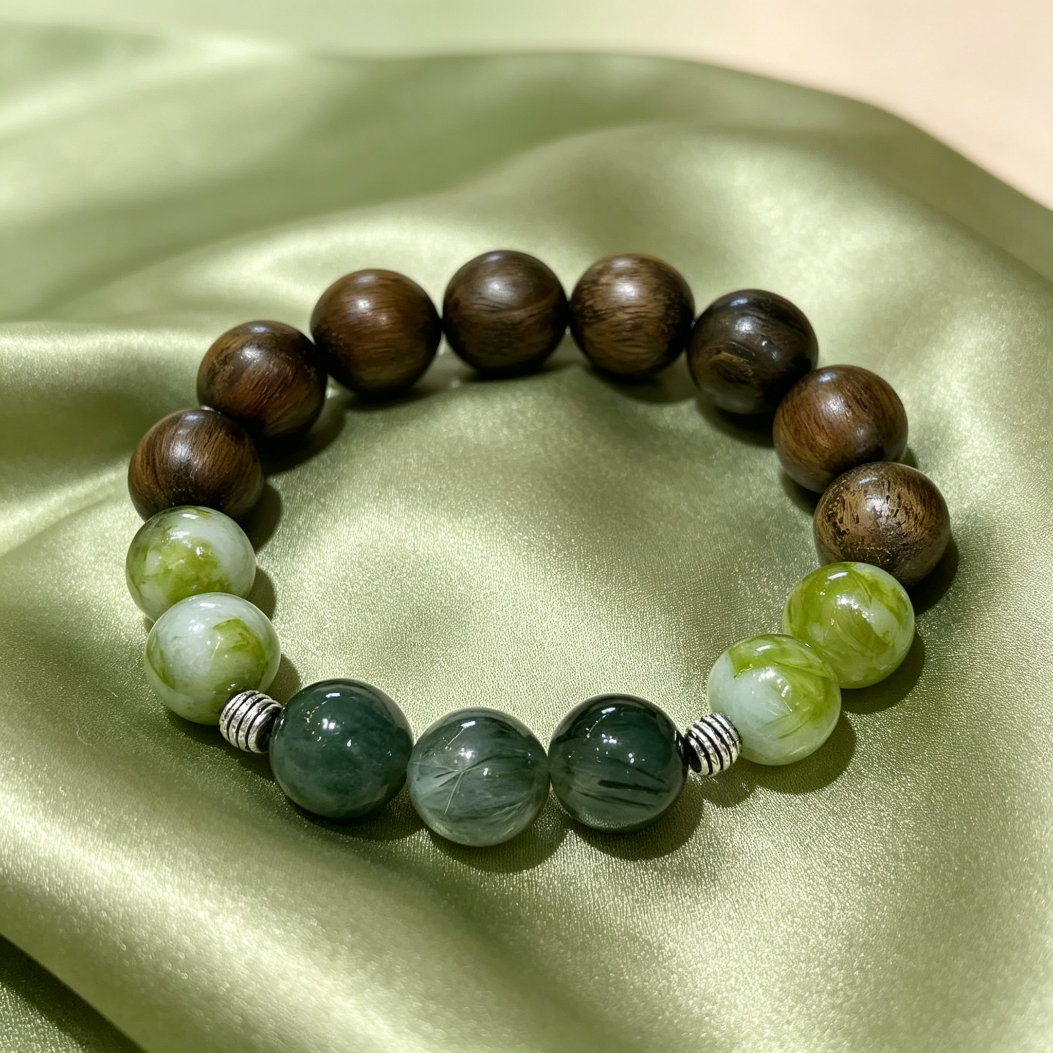 Green Sandalwood Serpentine Jade Green Rutilated Quartz Bracelet Natural Gemstone Beaded Bracelet For Protection Calm Wealth Career Luck Unisex Crystal Jewelry Gift
