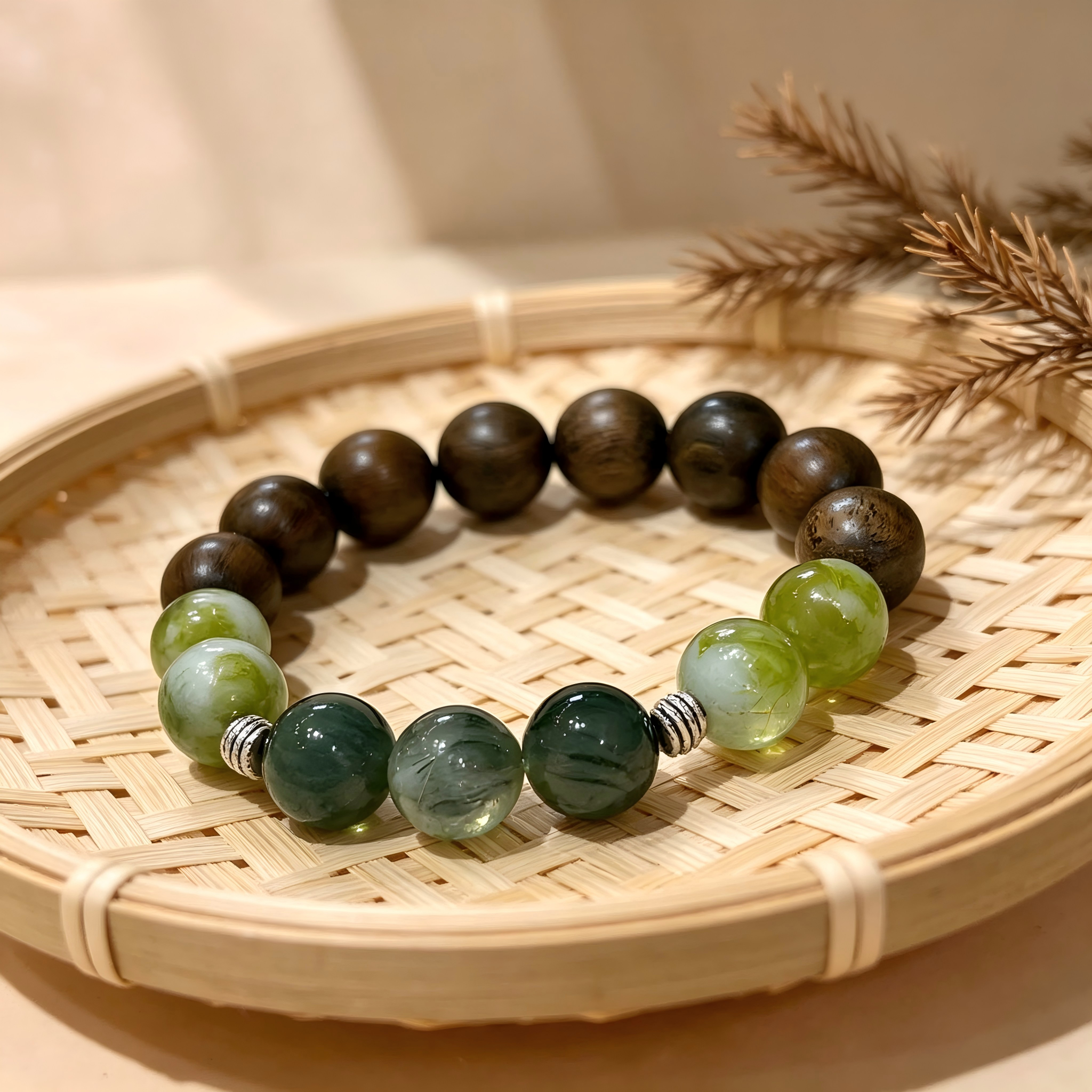 Green Sandalwood Serpentine Jade Green Rutilated Quartz Bracelet Natural Gemstone Beaded Bracelet For Protection Calm Wealth Career Luck Unisex Crystal Jewelry Gift