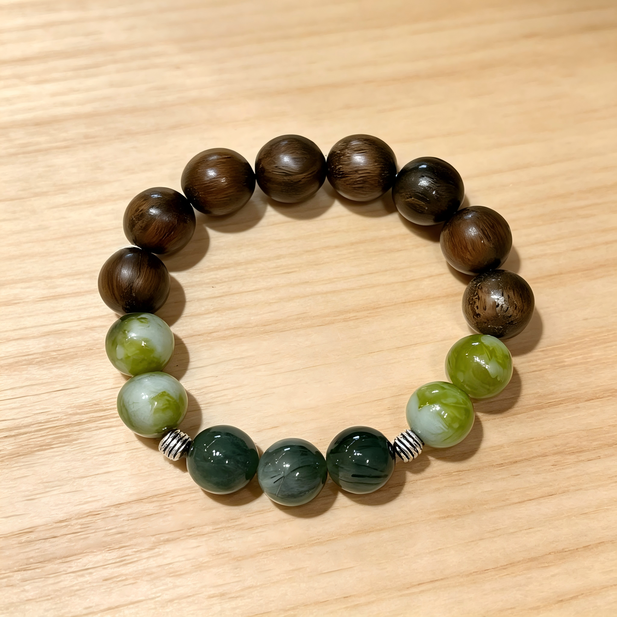 Green Sandalwood Serpentine Jade Green Rutilated Quartz Bracelet Natural Gemstone Beaded Bracelet For Protection Calm Wealth Career Luck Unisex Crystal Jewelry Gift