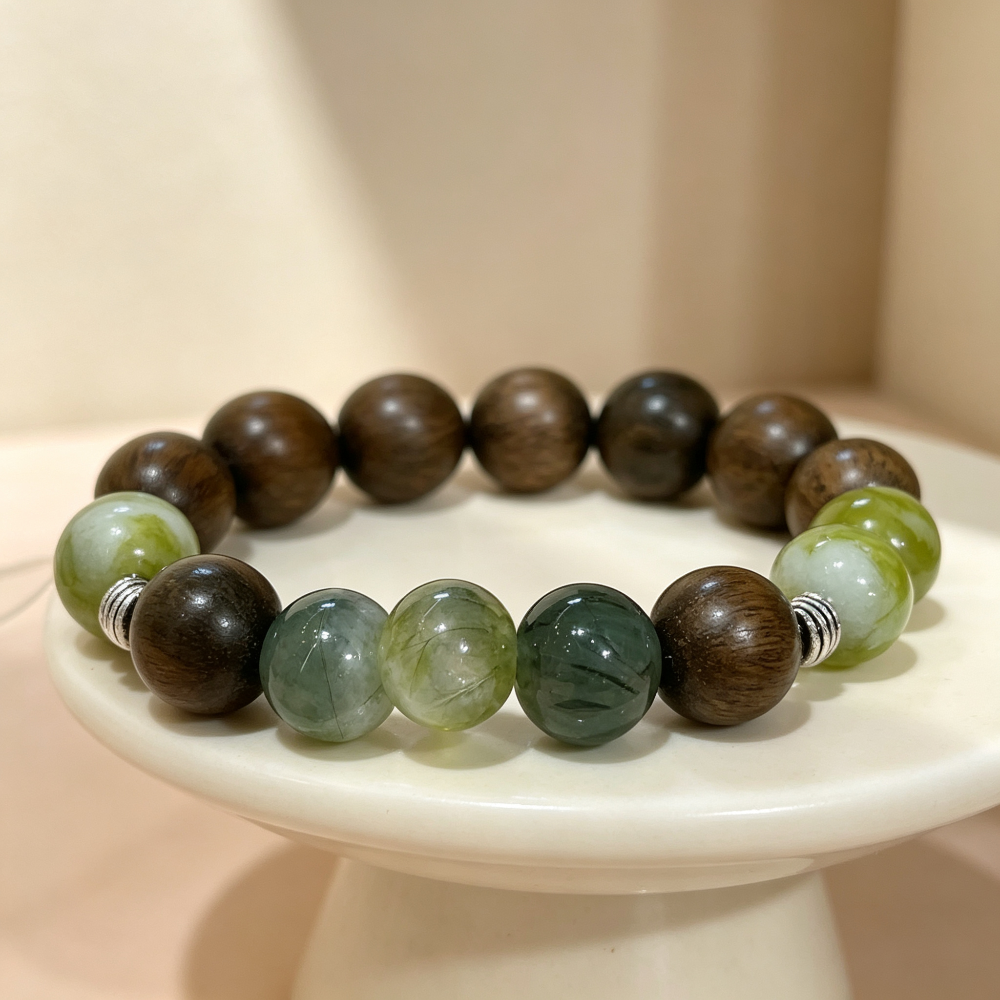 Green Sandalwood Serpentine Jade Green Rutilated Quartz Bracelet Natural Gemstone Beaded Bracelet For Protection Calm Wealth Career Luck Unisex Crystal Jewelry Gift